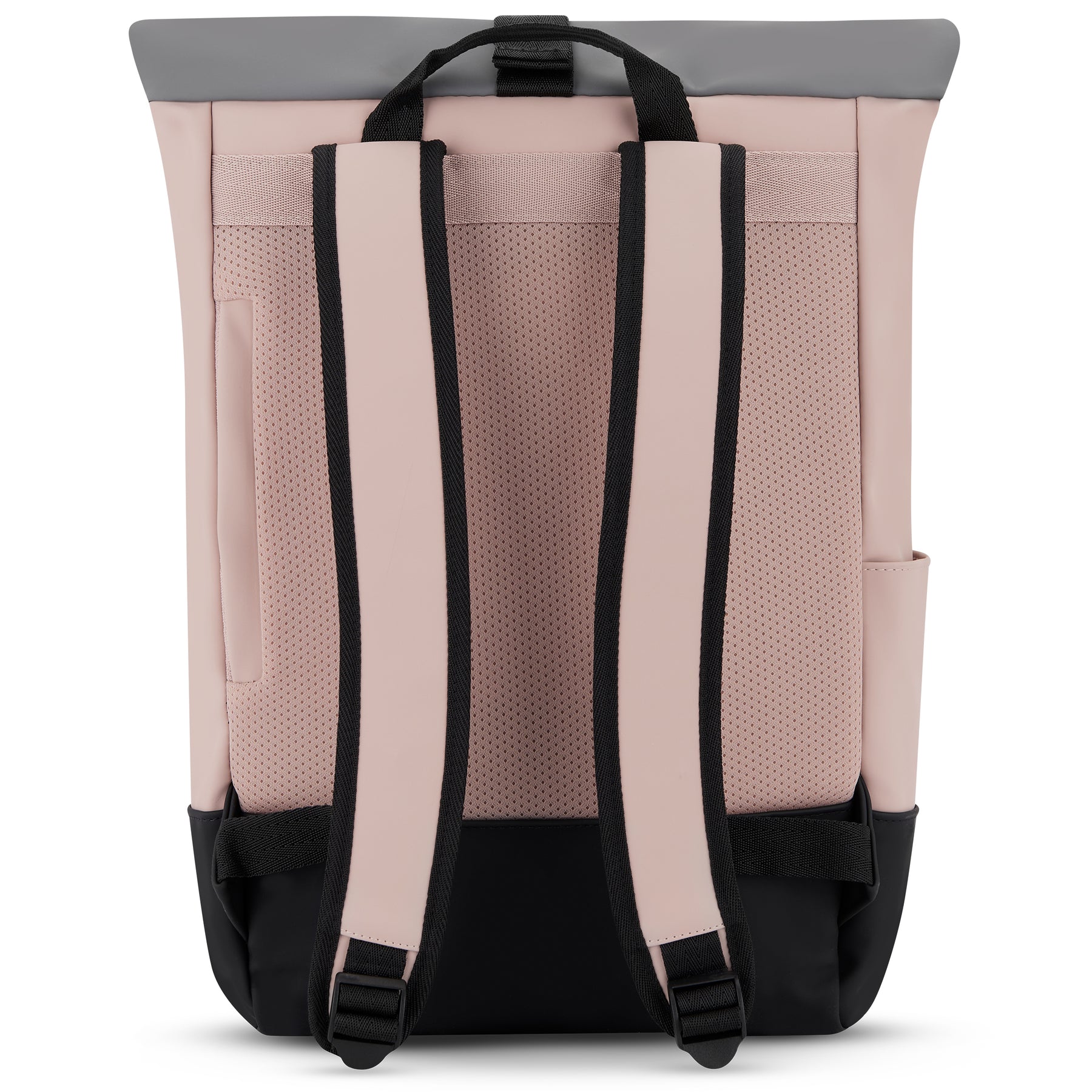 Rückenansicht des Rolltop Rucksacks 'Harvey Medium' in Beige mit gepolsterten, verstellbaren Trägern und schwarzem Boden