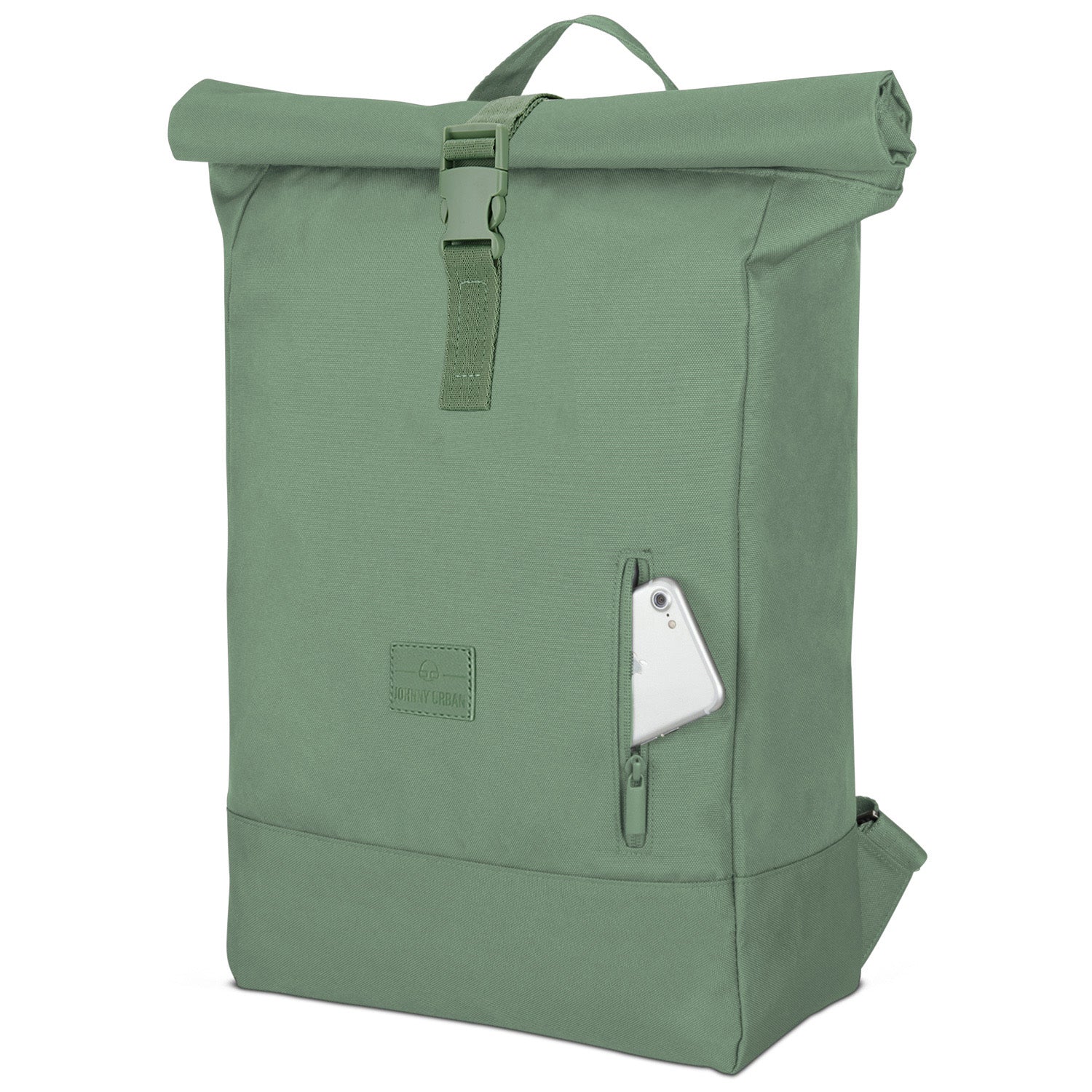 Grüner Rolltop-Rucksack 'Robin Large' mit Reißverschlusstasche, in der ein Smartphone steckt