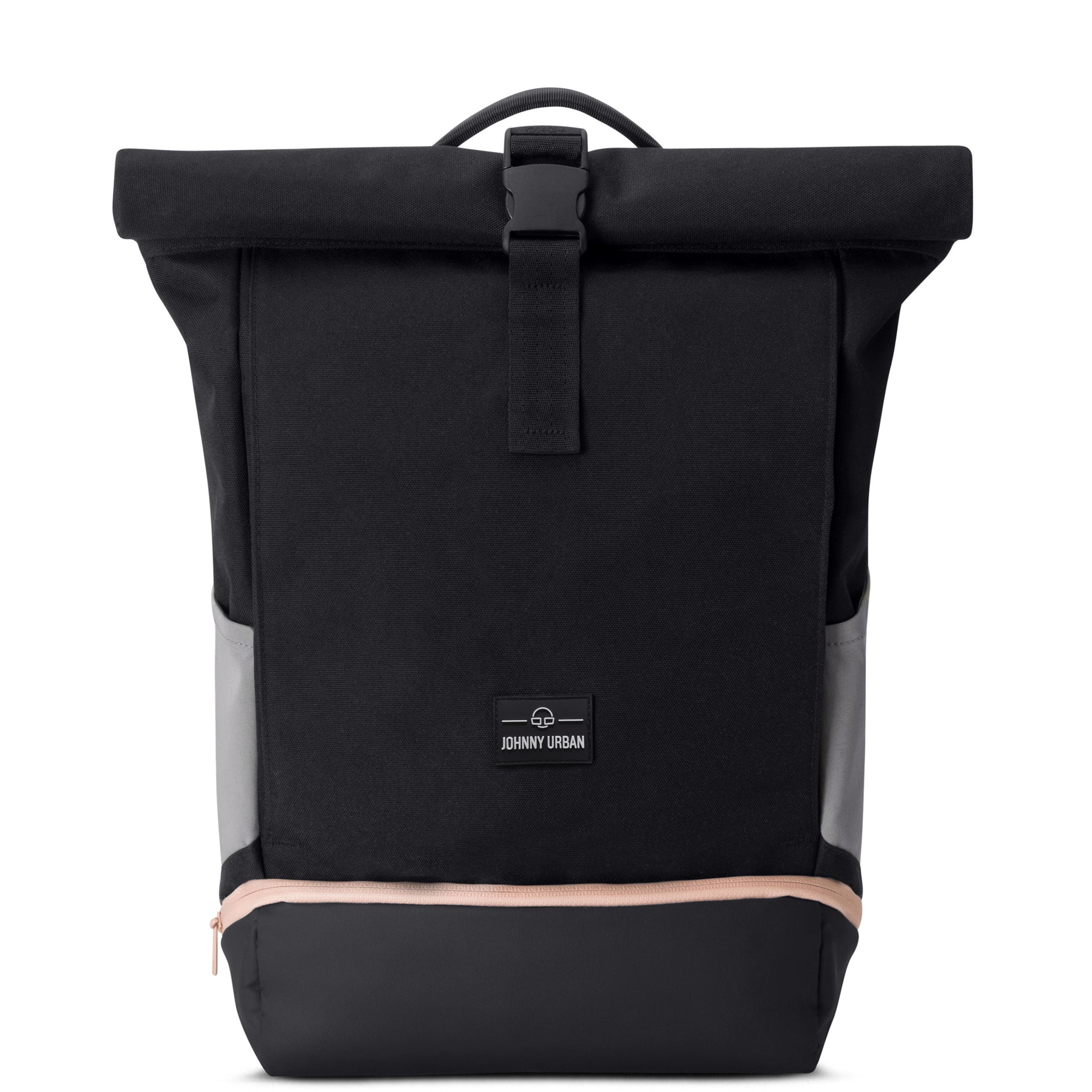 Schwarzer Rolltop Rucksack 'Allen Medium' von Johnny Urban mit grauen Seitenflächen und kleinem Frontlogo