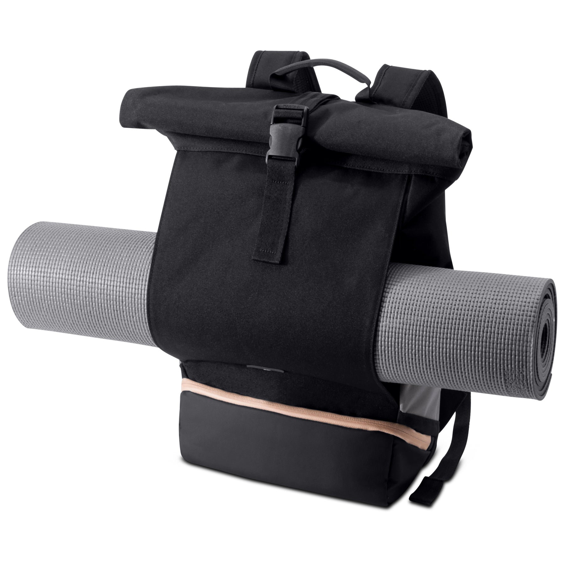 Schwarzer Johnny Urban Rolltop Rucksack 'Allen Medium' mit grauer Yogamatte außen