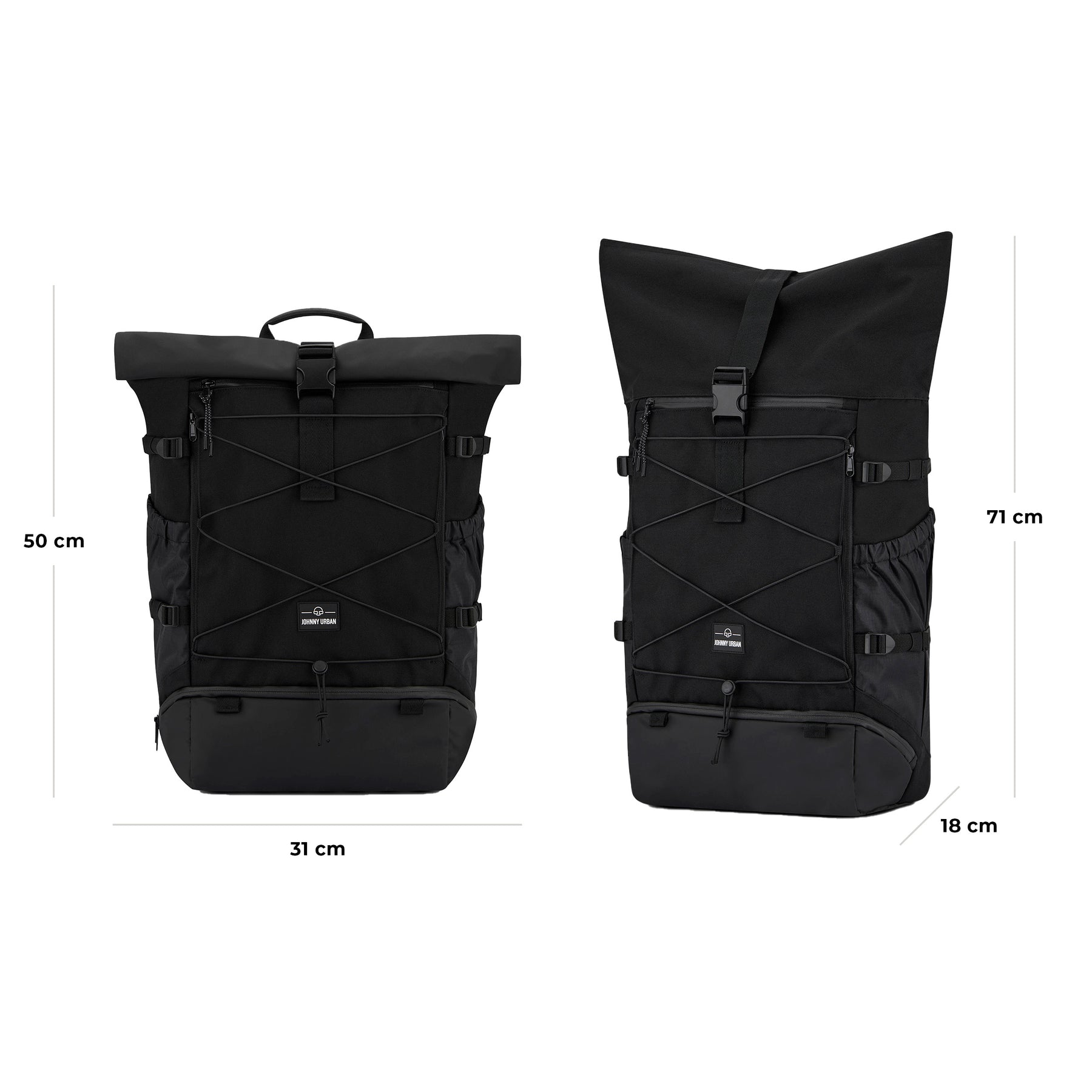 Schwarzer Rolltop-Reiserucksack 'Allen Large Travel' von Johnny Urban, Maße 31x50x18 cm, erweiterbar auf 71 cm