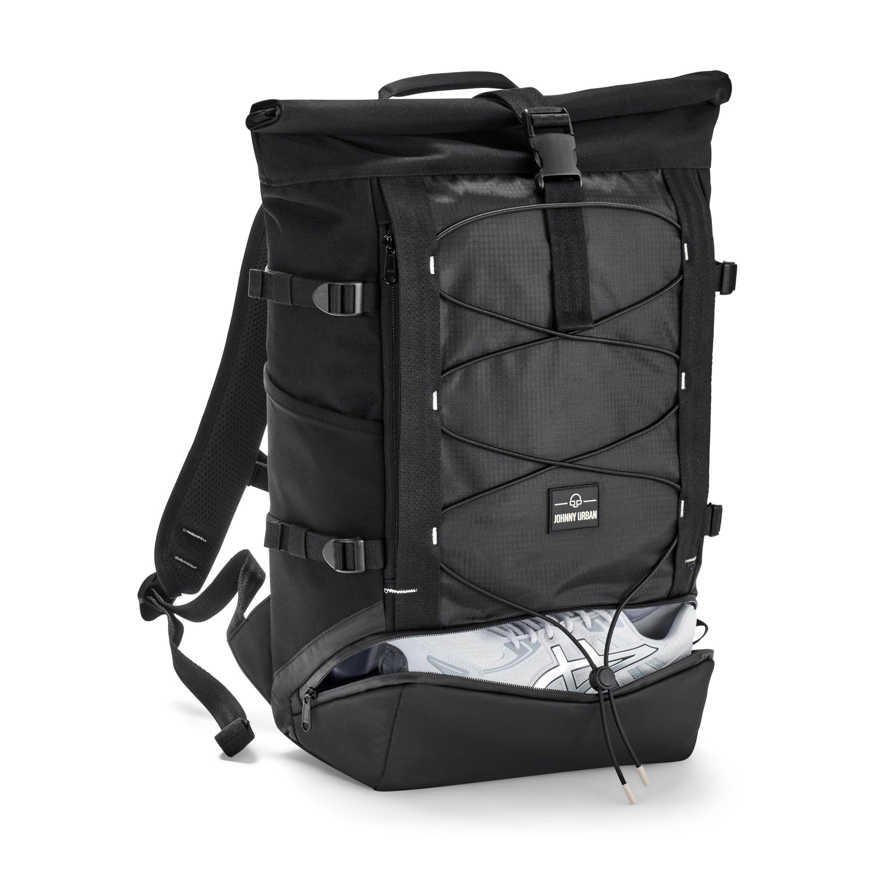 Schwarzer Rolltop-Rucksack 'Allen Large Move' von Johnny Urban mit aufgesetztem Schuhfach, Schuh teils sichtbar