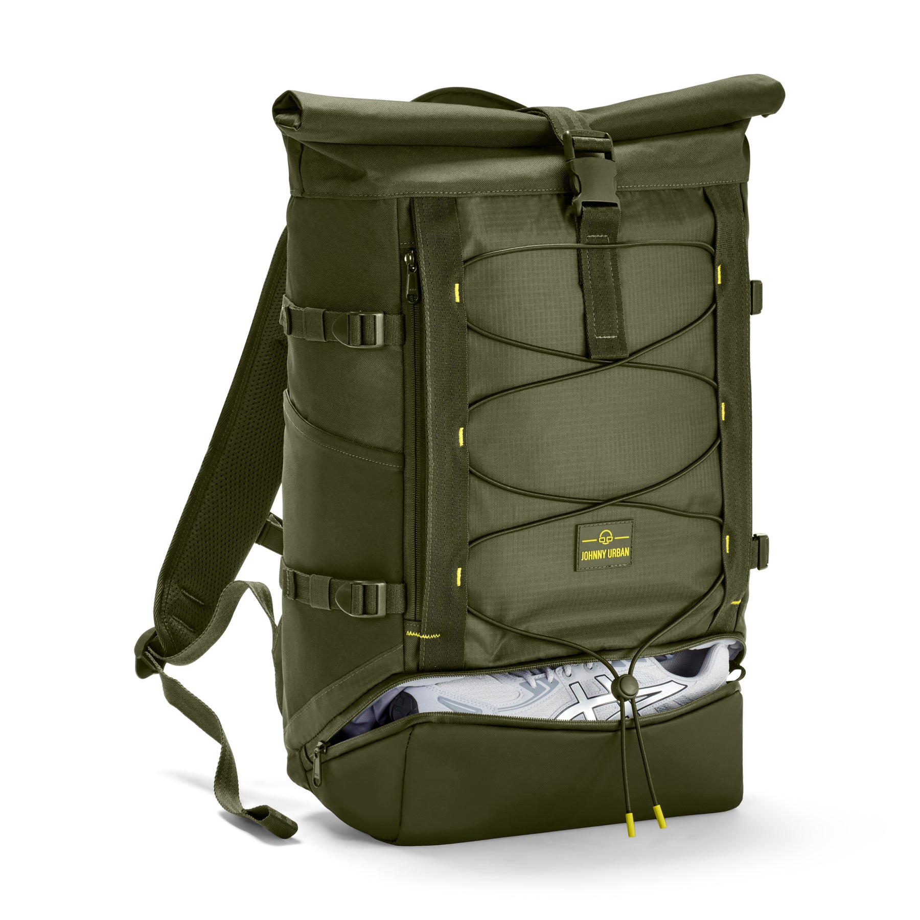 Olivefarbener Rolltop Rucksack 'Allen Large Move' mit Schuhfach, Schnallenverschluss und elastischem Frontnetz von Johnny Urban