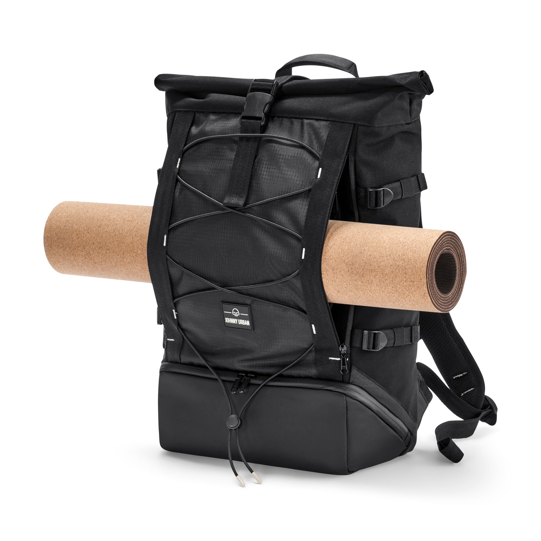 Schwarzer Rolltop-Rucksack 'Allen Large Move' mit verstellbaren Gurten und befestigter Kork-Yogamatte