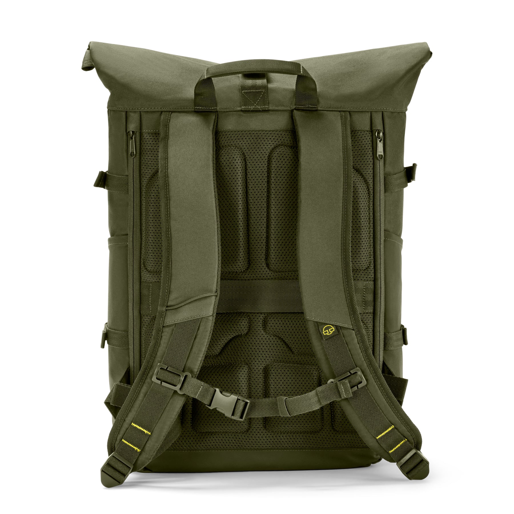 Rückseite des olivgrünen Rolltop-Rucksacks Allen Large Move mit gepolsterten, verstellbaren Trägern und ergonomischem Rückenpolster