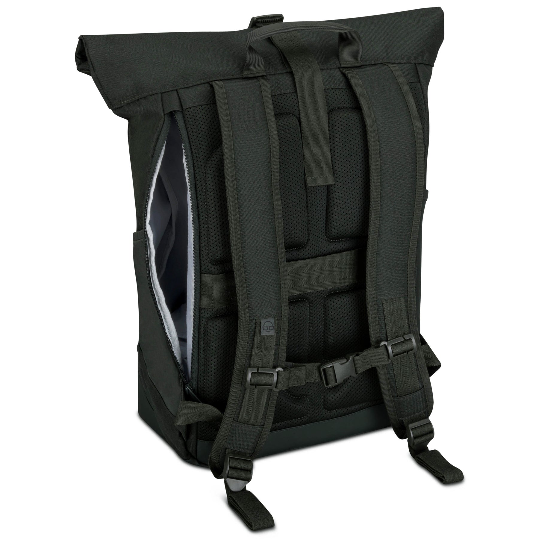 Johnny Urban Rolltop Rucksack 'Allen Large' in dunkelgrün mit geöffnetem Seitenfach und gepolstertem Rückenbereich