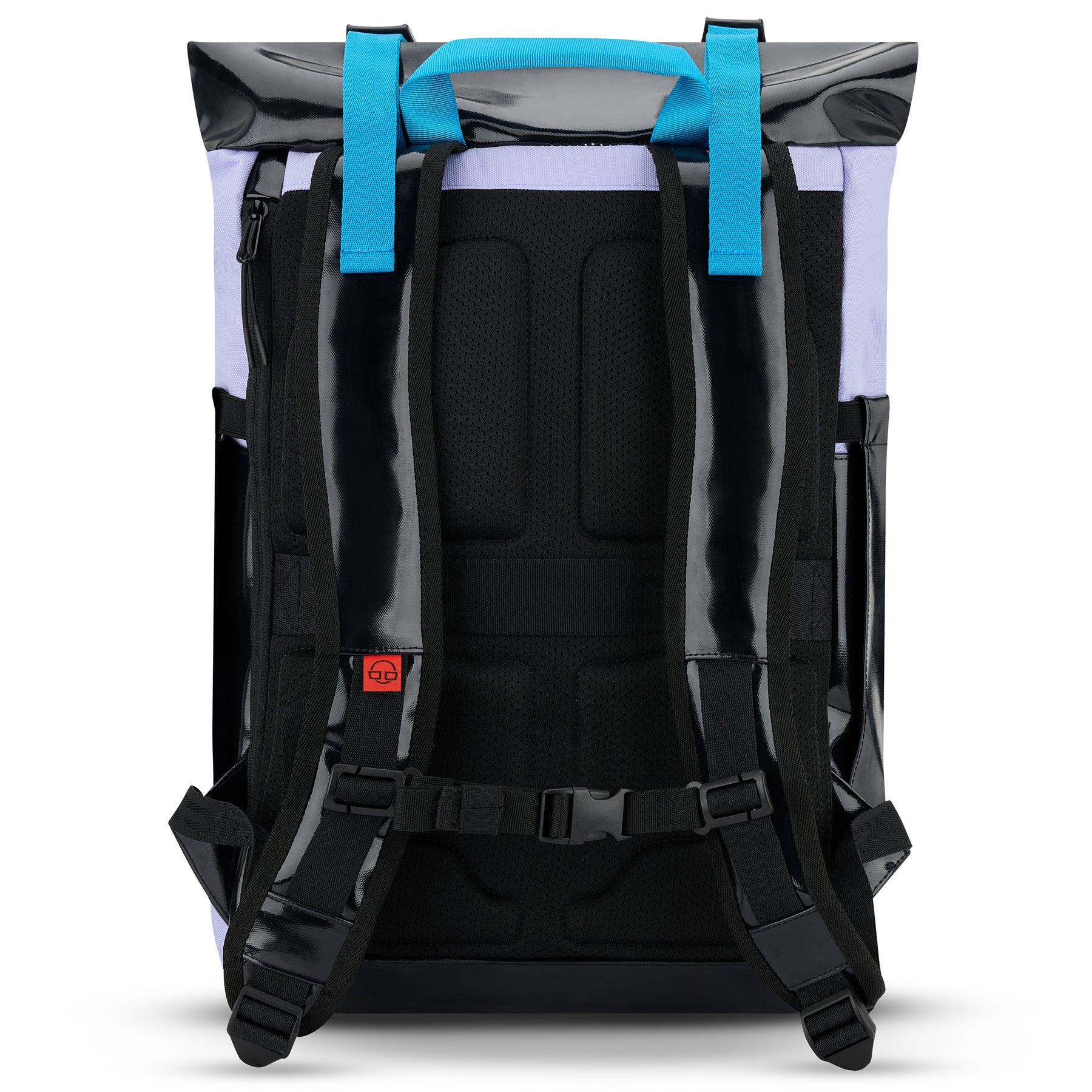 Rolltop Rucksack Ashton mit gepolstertem, atmungsaktivem Rückenteil, schwarzen verstellbaren Gurten und blauen Tragegriffen