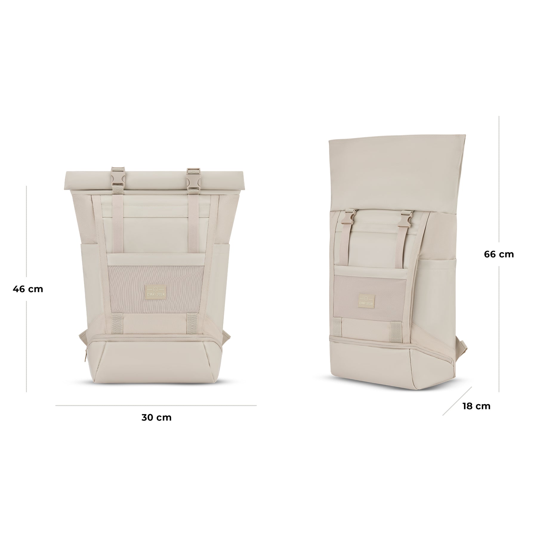 Beiger Rolltop Rucksack 'Ashton' von Johnny Urban, Maße 46x30x18 cm zusammengerollt, 66 cm ausgewickelt