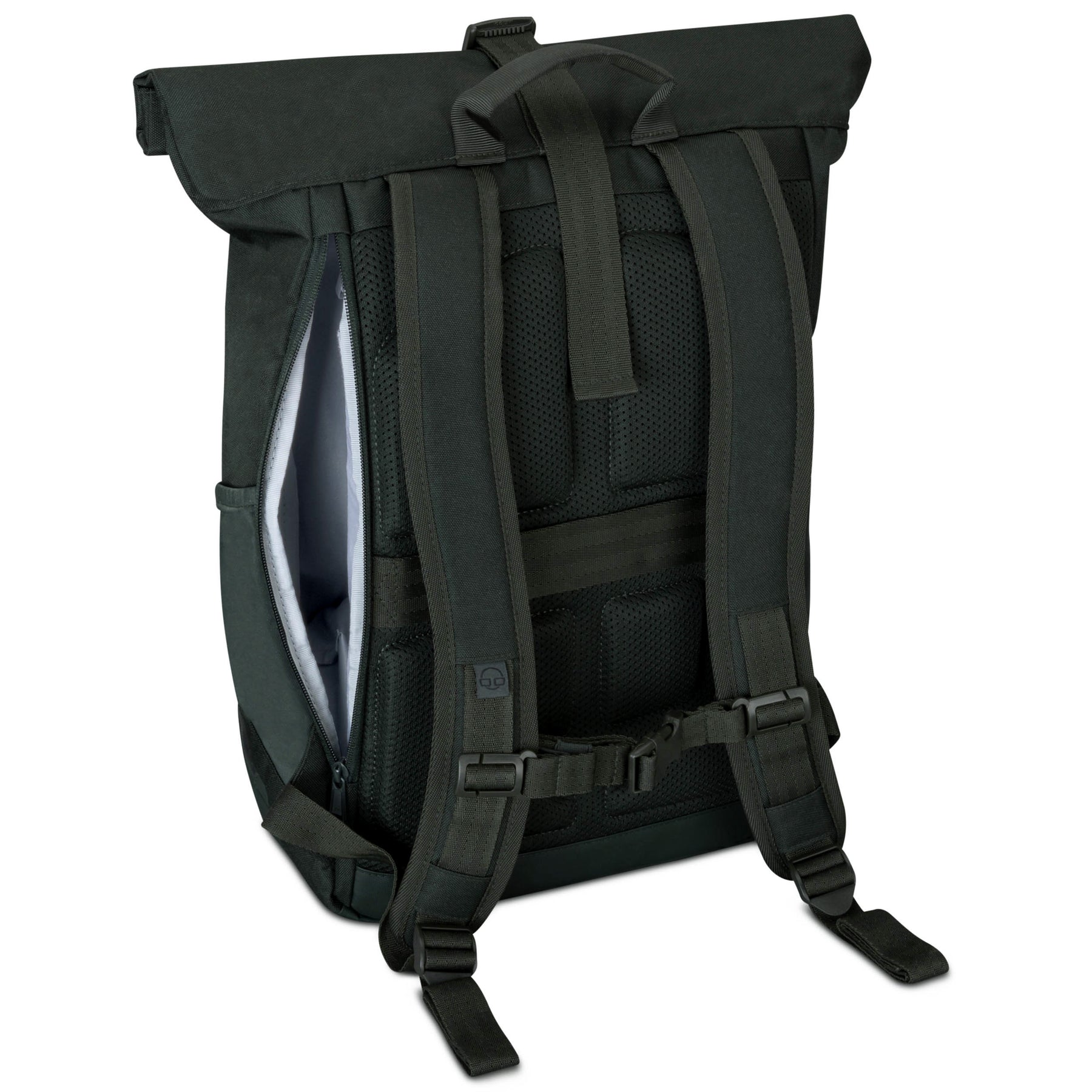 Schwarzer Rolltop Rucksack 'Allen Medium' von Johnny Urban mit gepolstertem Rücken und geöffnetem Seitenfach