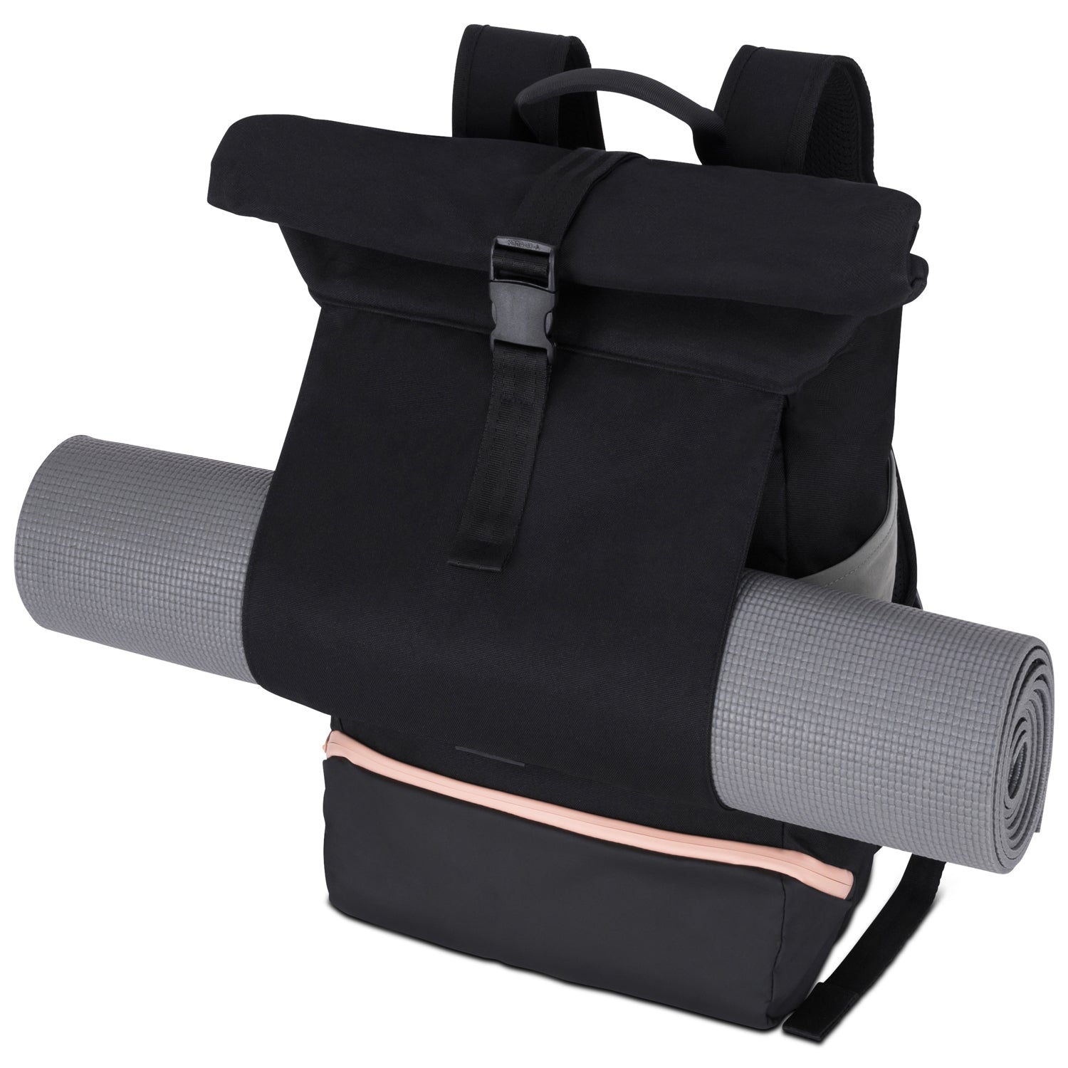 Schwarzer Rolltop Rucksack Allen Large mit hellgrauer Yogamatte an der Vorderseite