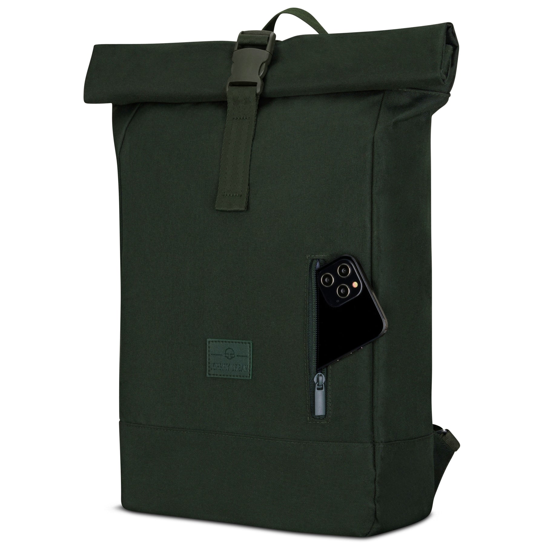 Johnny Urban Rolltop Rucksack Robin Medium in Grün mit aufgerolltem Verschluss und seitlicher Reißverschlusstasche mit Smartphone