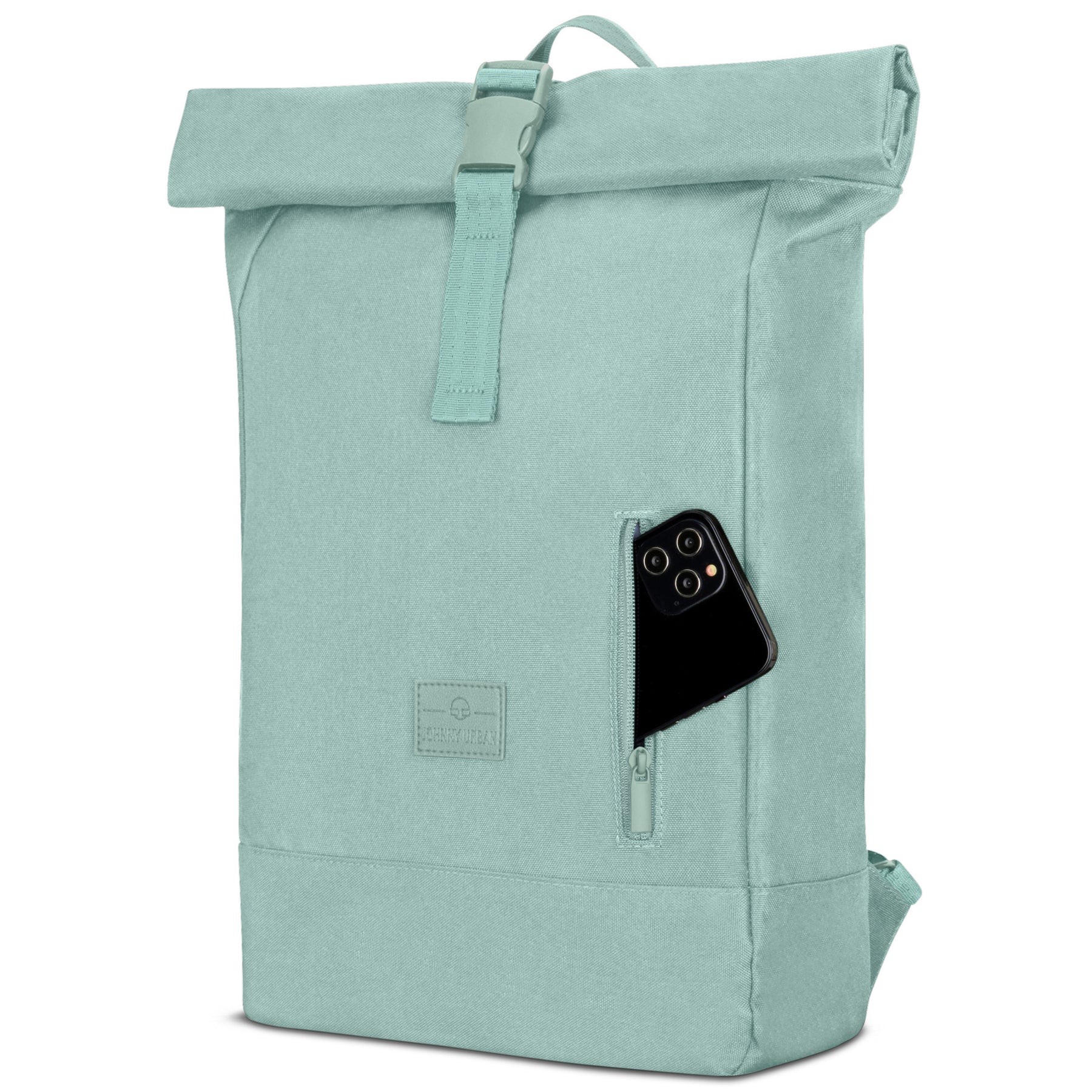 Mintfarbener Rolltop Rucksack 'Robin Medium' mit seitlicher Reißverschlusstasche mit Smartphone