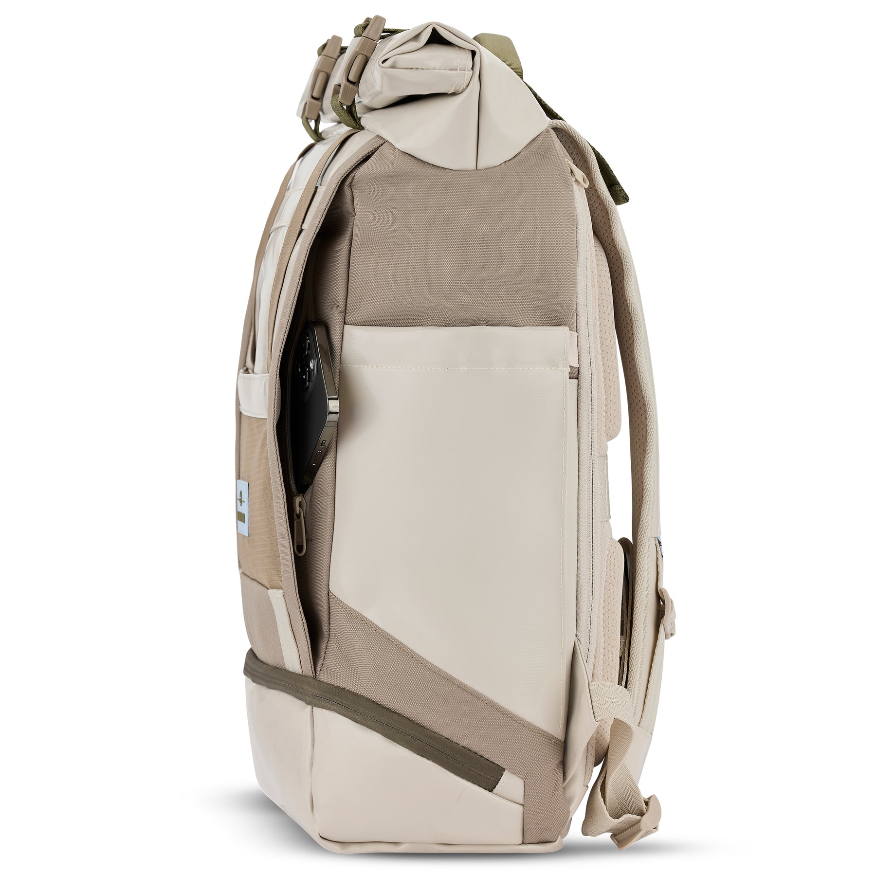 Rolltop Rucksack Ashton beige mit seitlicher Reißverschlusstasche und Smartphonefach