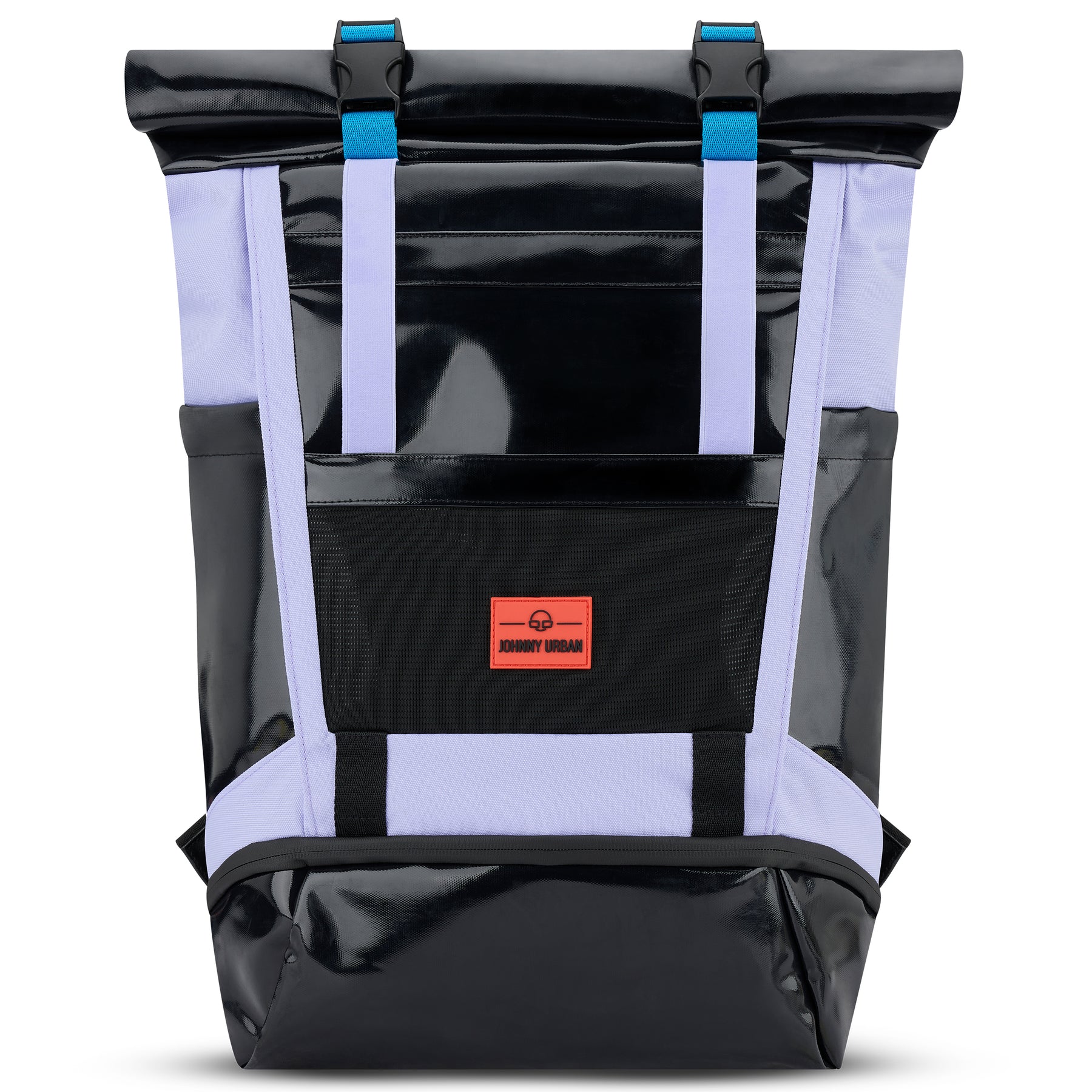 Rolltop Rucksack 'Ashton' von Johnny Urban in Schwarz und Flieder mit blauen Schnallen