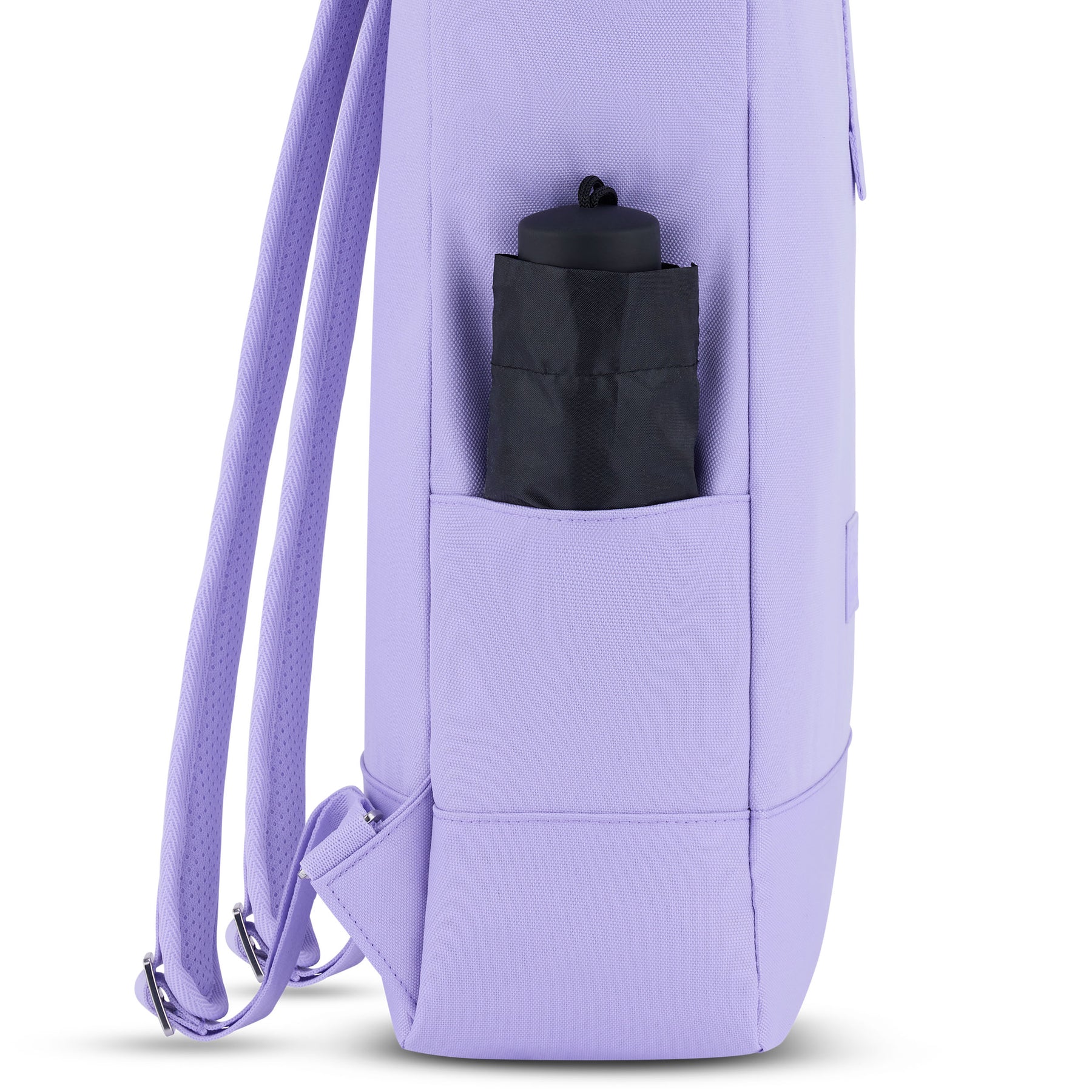 Rolltop Rucksack Robin Medium in flieder-lila mit seitlicher Tasche und schwarzem Flaschenhalter