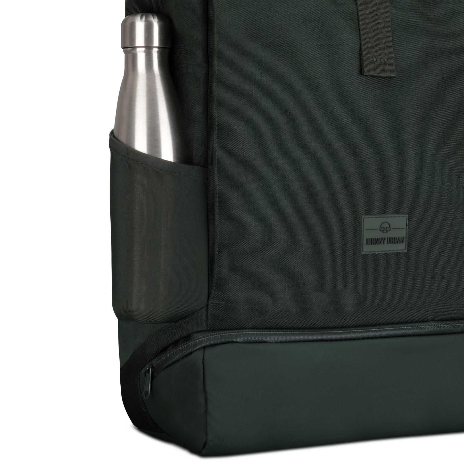 Grüner Rolltop Rucksack 'Allen Large' mit Thermoflasche in Seitentasche und Johnny Urban Logo