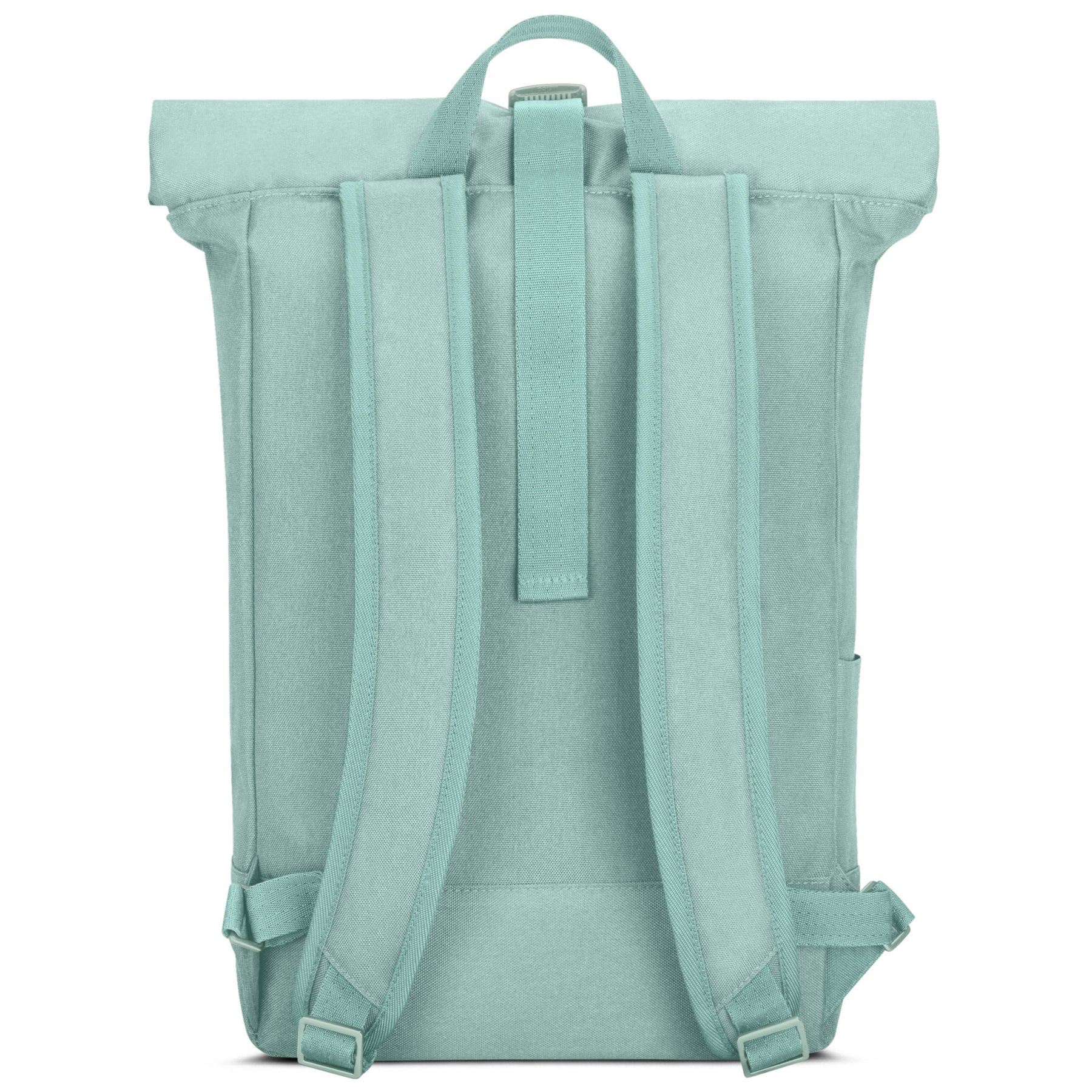 Rückseite des mintgrünen Rolltop Rucksacks 'Robin Medium' mit gepolsterten Schultergurten und Trageschlaufe