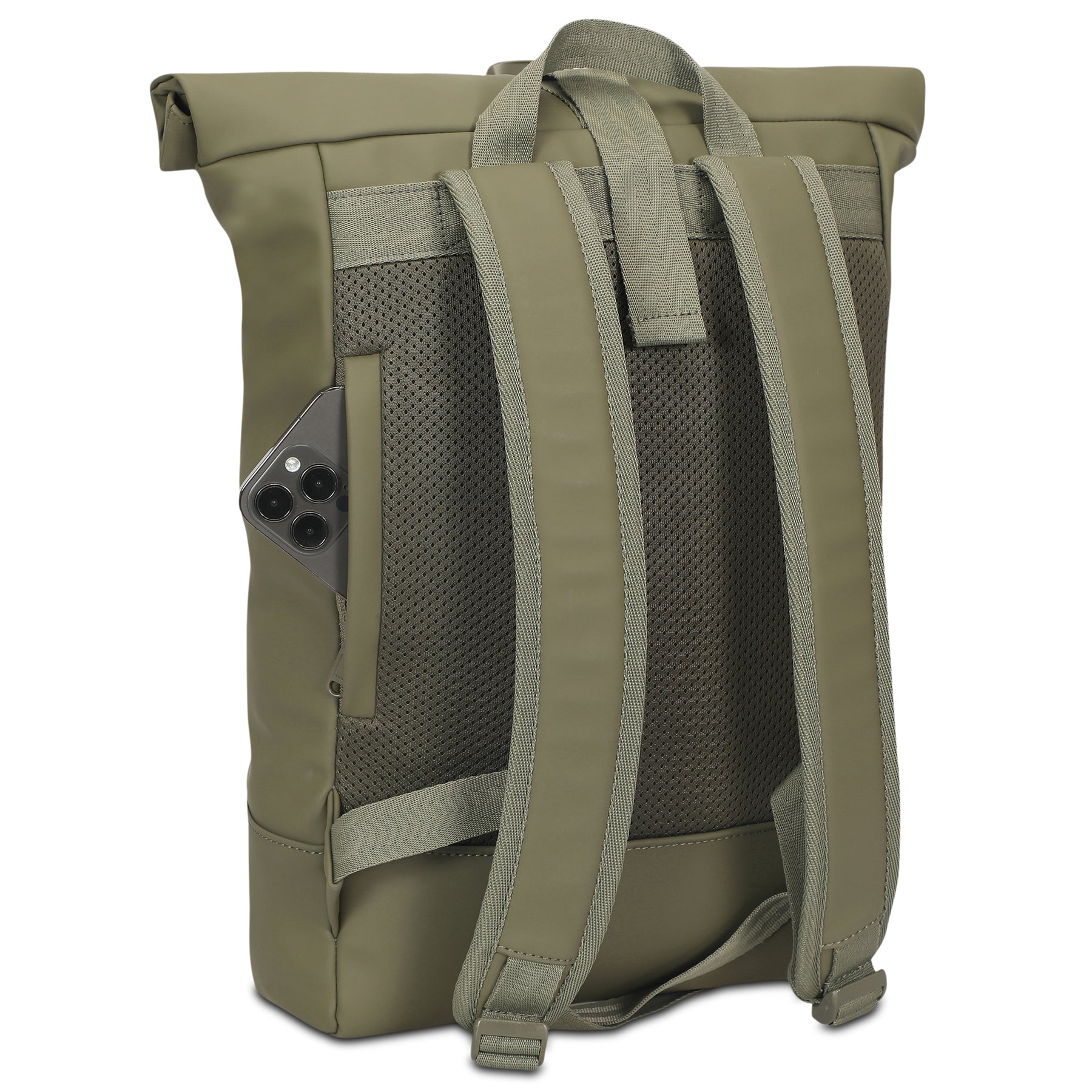 Rückansicht des olivgrünen Rolltop Rucksacks 'Harvey Medium' mit gepolsterten Schulterriemen und seitlicher Außentasche mit Smartphone