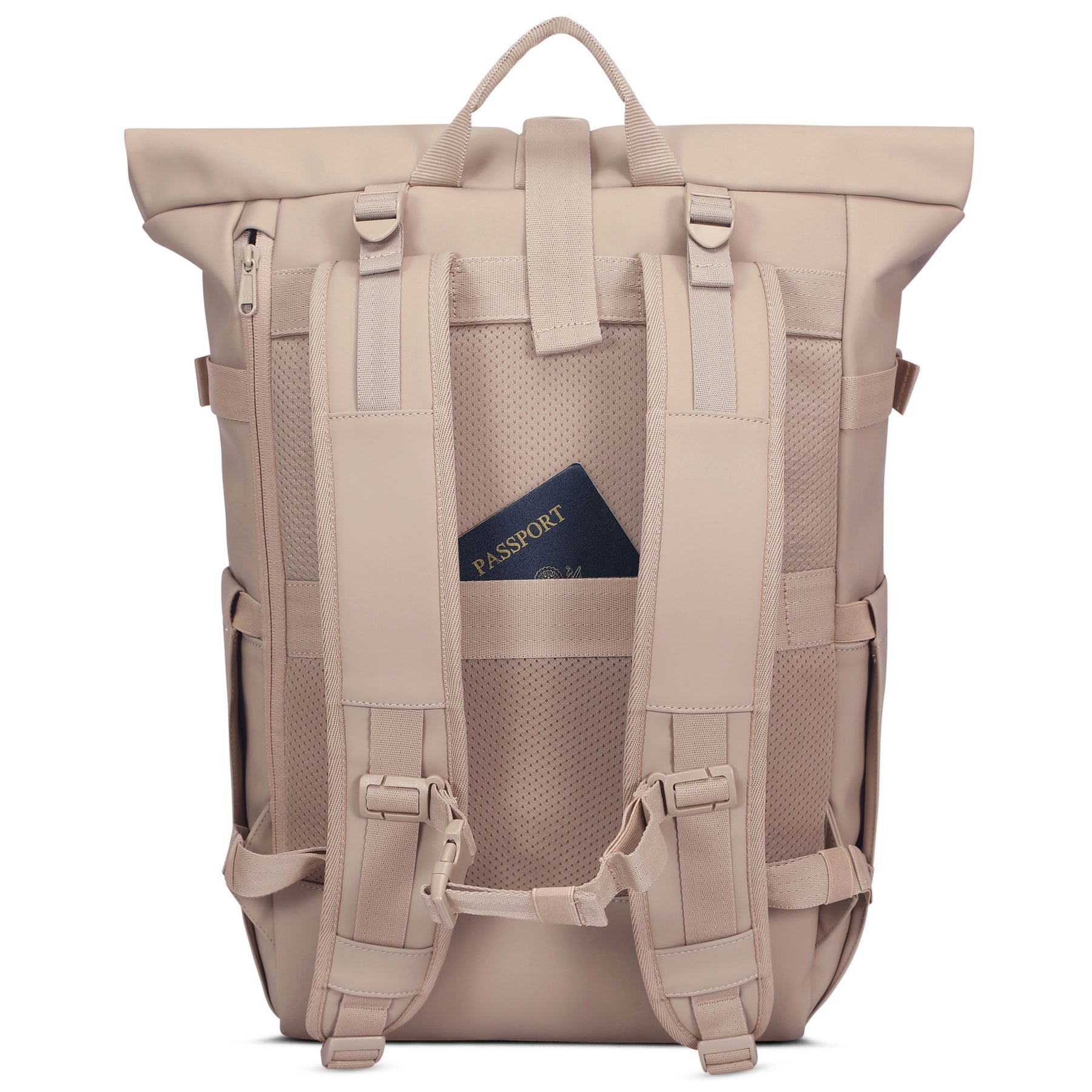 Beiger Rolltop-Rucksack 'Harvey Large' mit gepolsterten Schultergurten und verstecktem Rückentaschen-Reißverschluss mit sichtbar steckendem Reisepass