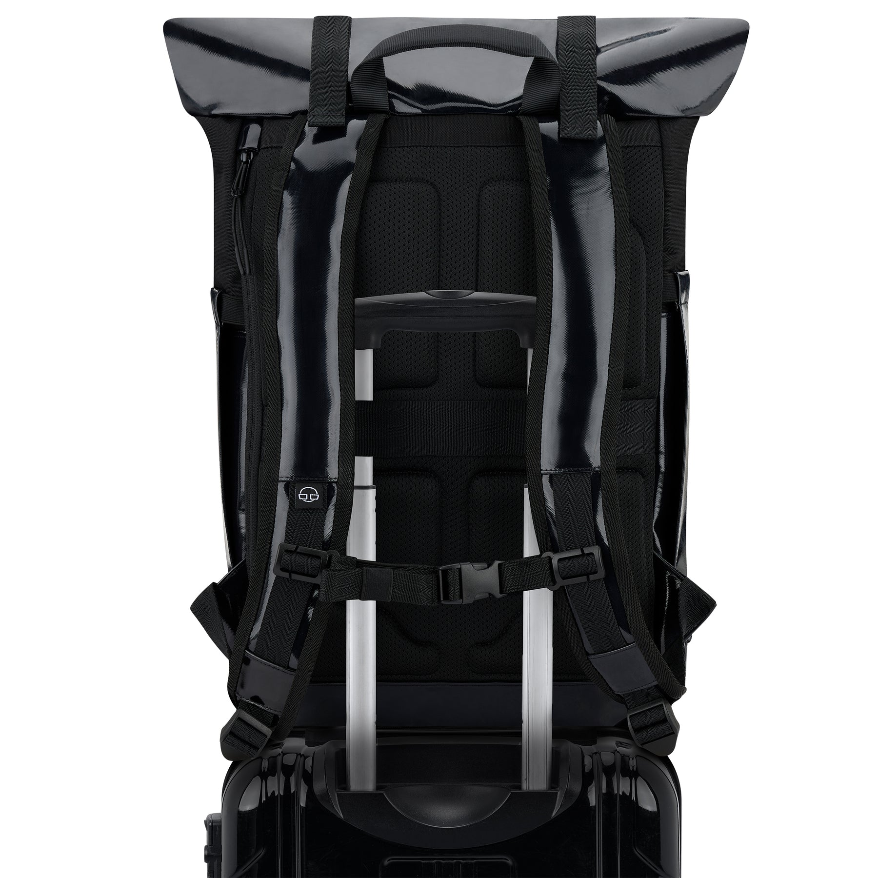 Schwarzer Rolltop Rucksack 'Ashton' mit gepolsterten Schultergurten und Befestigung am Trolleygriff