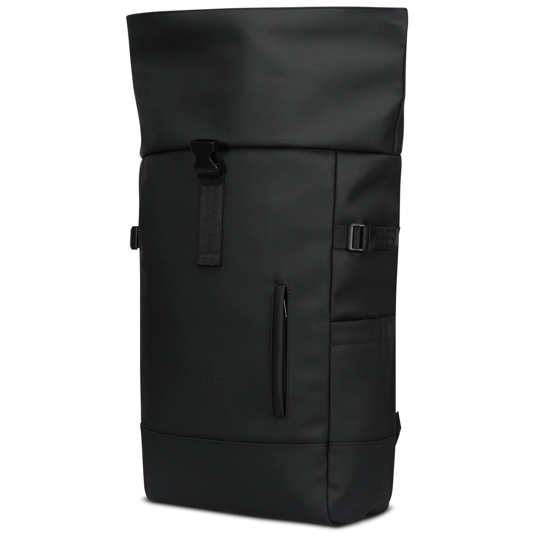Schwarzer Rolltop-Rucksack Harvey Large von Johnny Urban mit seitlicher Tasche und Verschlussriemen