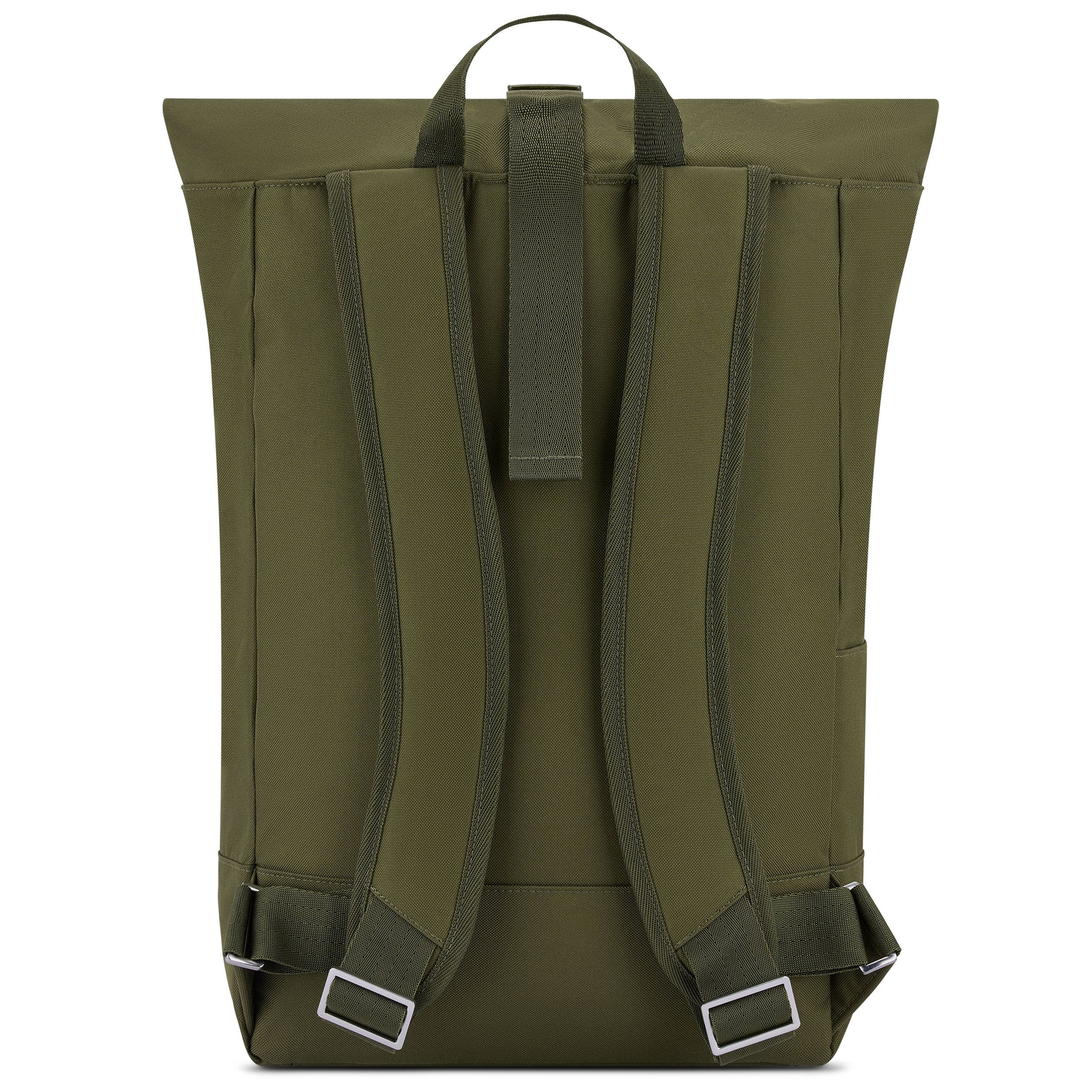 Rückansicht des olivgrünen Rolltop-Rucksacks ‚Robin Large‘ von Johnny Urban mit gepolsterten Schultergurten und Trageschlaufe