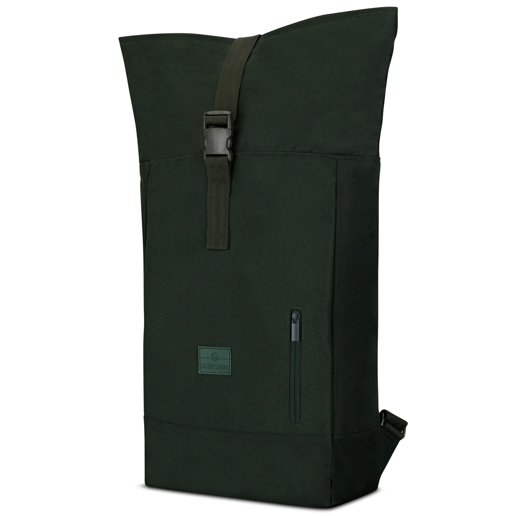 Dunkelgrüner Rolltop Rucksack 'Robin Large' von Johnny Urban mit frontaler Reißverschlusstasche