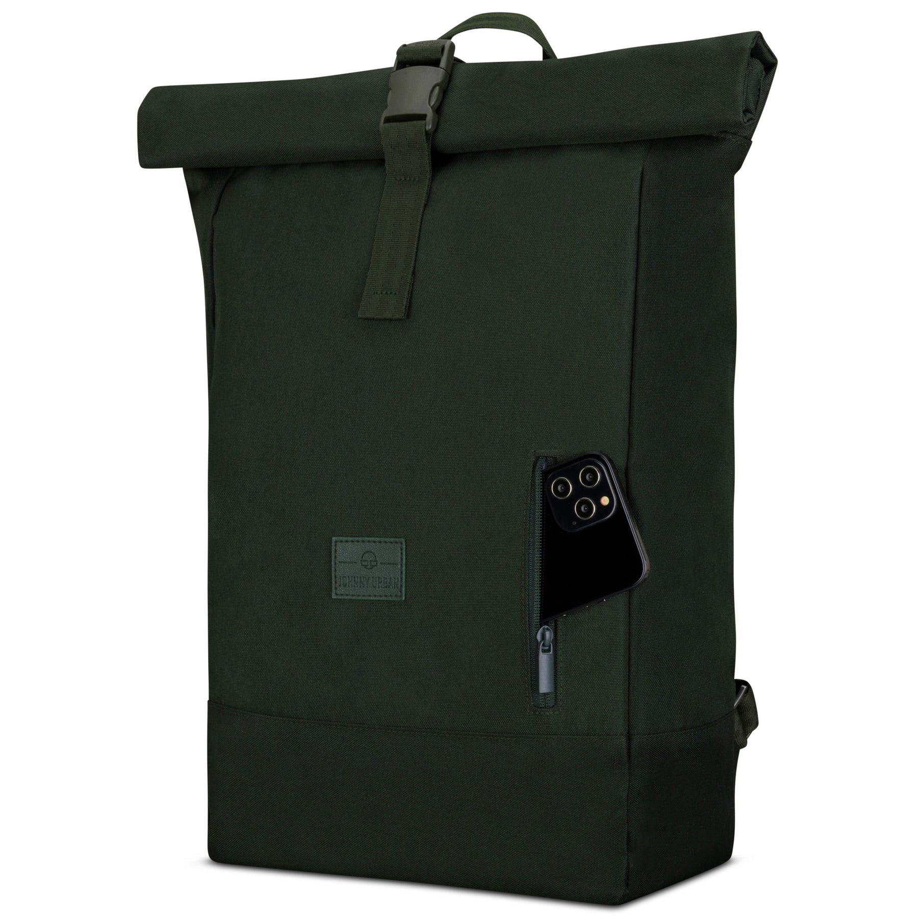 Grüner Rolltop-Rucksack 'Robin Large' von Johnny Urban mit Fronttasche und Handy