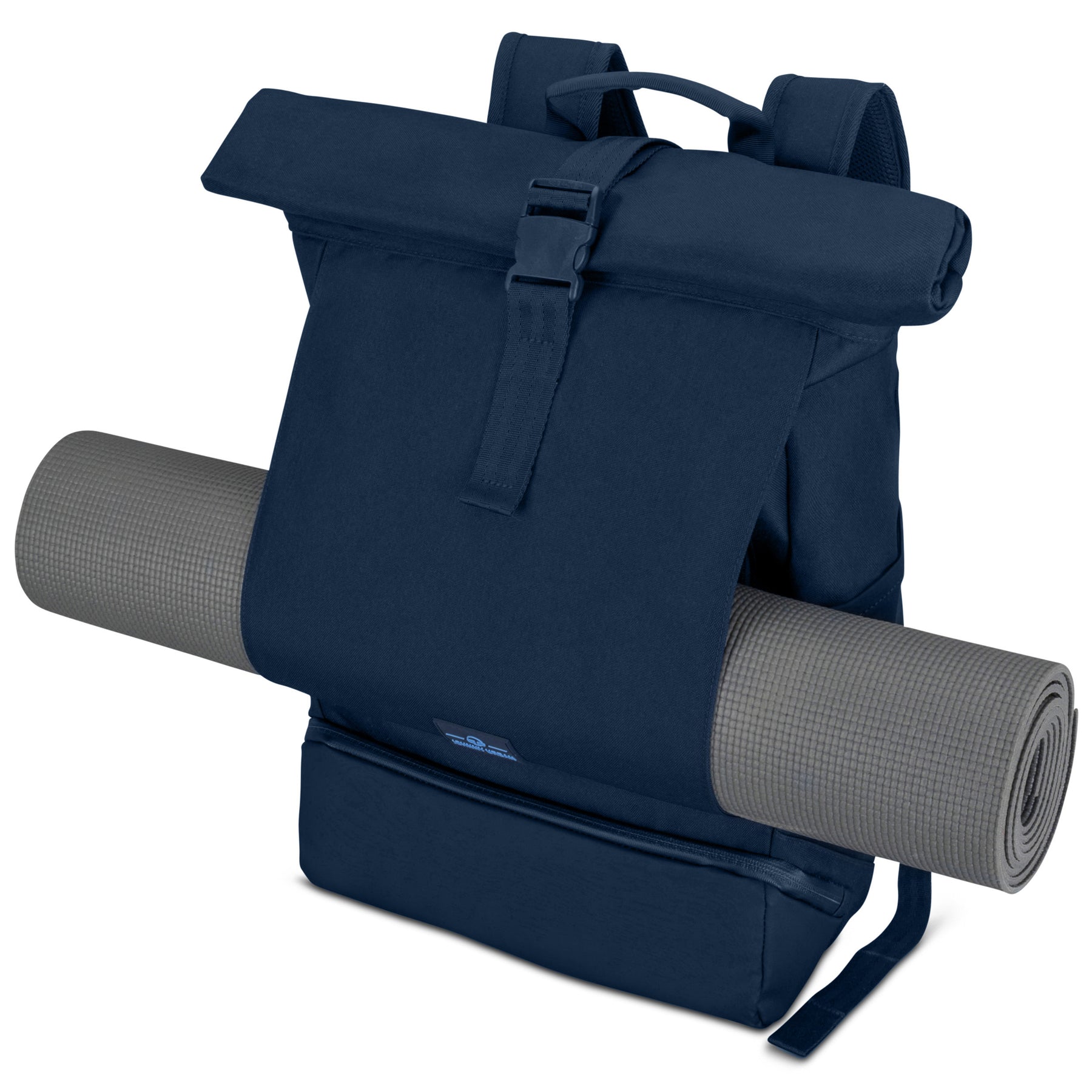 Rolltop Rucksack Allen Large von Johnny Urban in Blau mit grauer Yogamatte im Außenfach