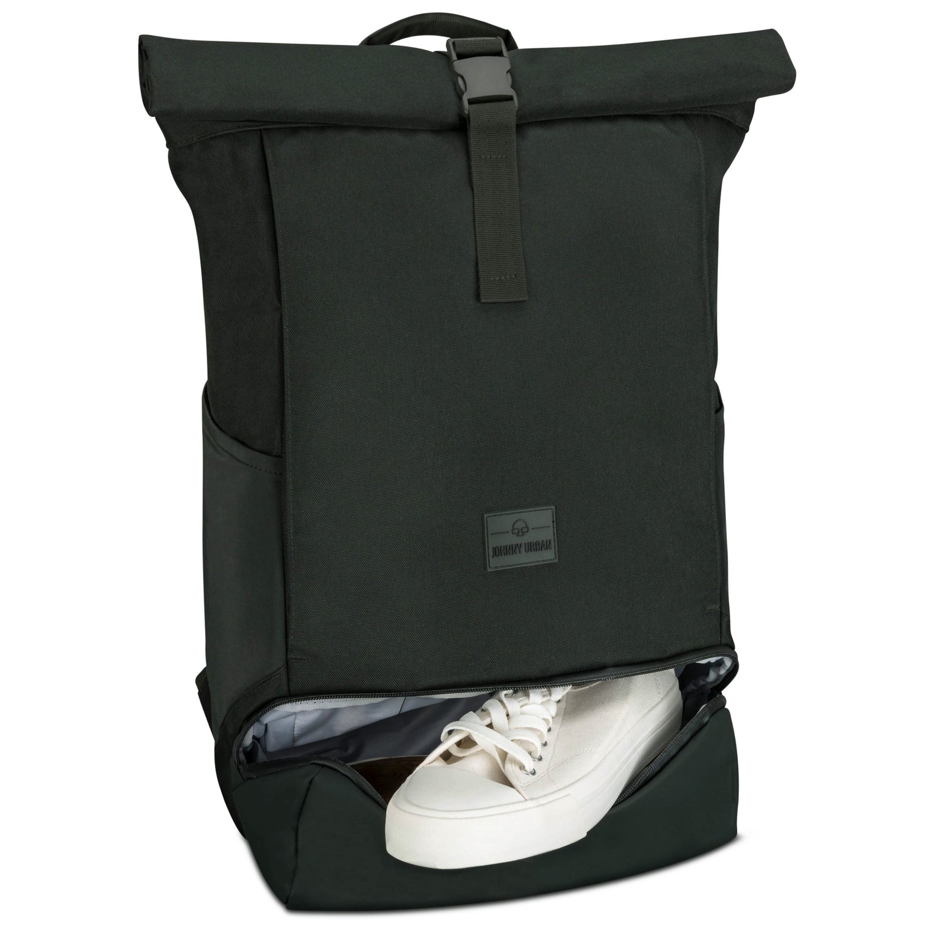 Schwarzer Johnny Urban Rolltop Rucksack 'Allen Large' mit seitlicher Reißverschlusstasche und weißem Sneaker im Bodenfach