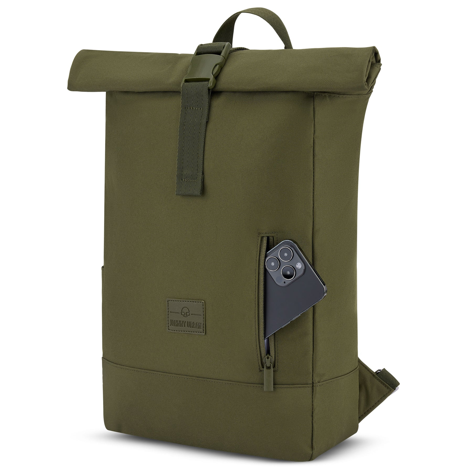 Johnny Urban Rolltop Rucksack 'Robin Medium' in Olive mit seitlicher Reißverschlusstasche und Smartphone