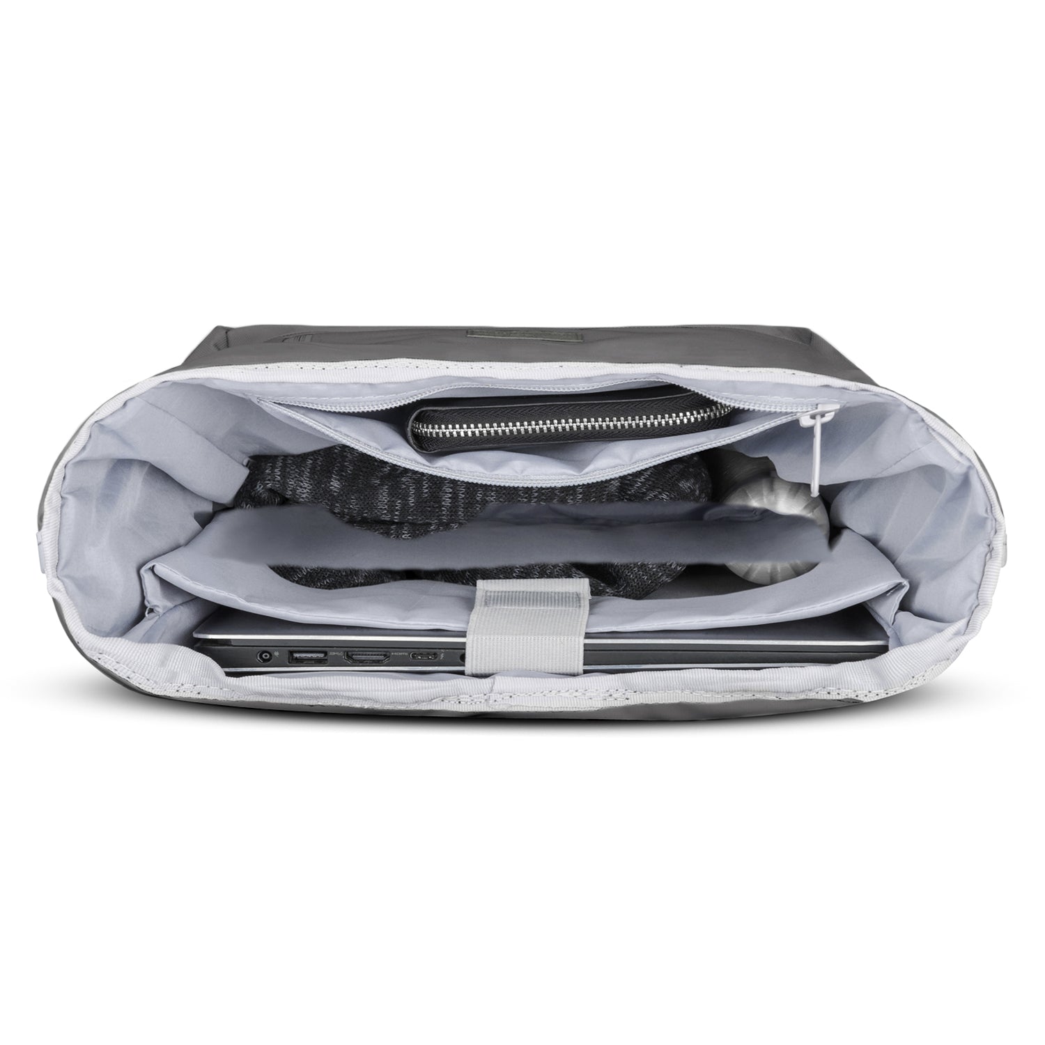 Rolltop Rucksack Robin Medium dunkelgrau mit Laptop, Zubehörtasche und Flasche innen