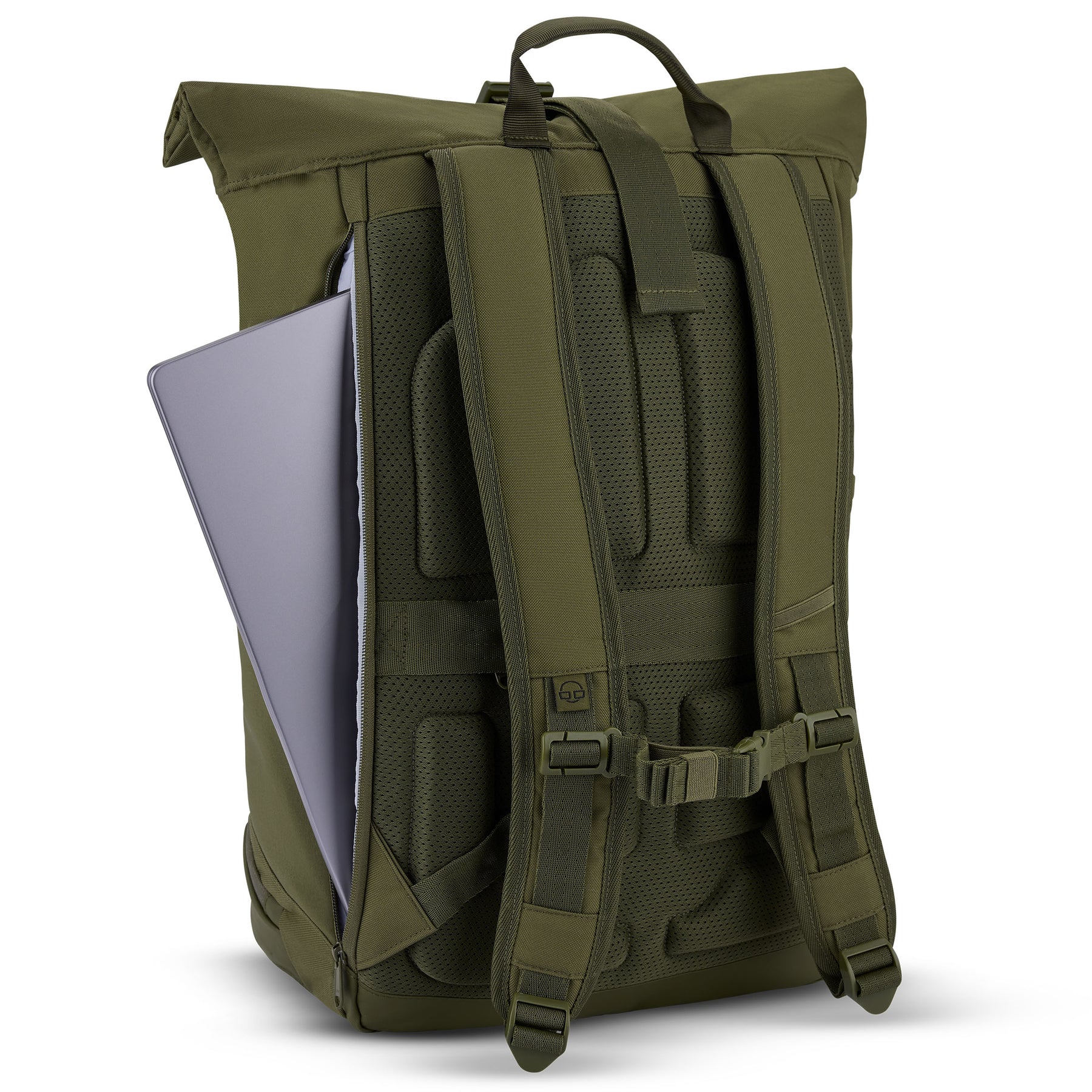 Olivefarbener Rolltop Rucksack Allen XL mit gepolstertem Rücken und Laptopfach, Laptop teils sichtbar