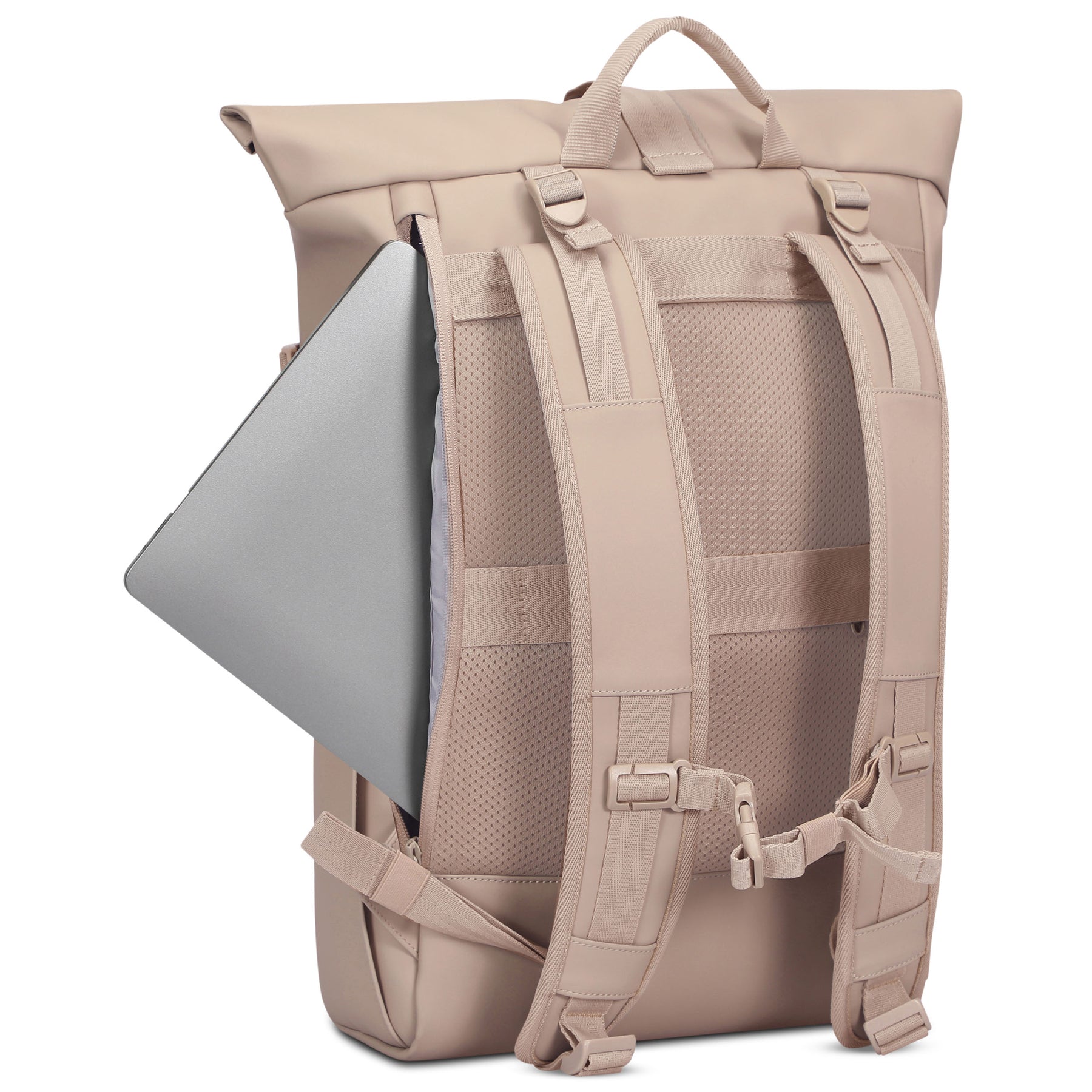 Rückenansicht des Rolltop Rucksacks 'Harvey Large' in Beige mit geöffnetem Laptopfach