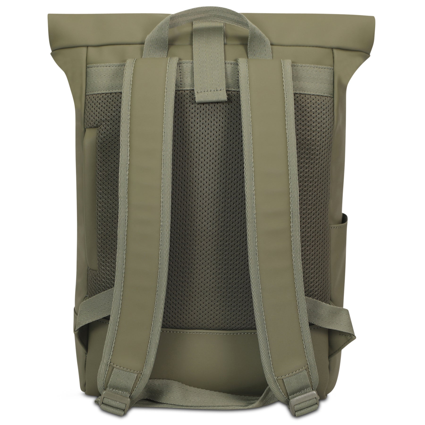 Rückansicht des olivefarbenen Rolltop-Rucksacks 'Harvey Medium' mit gepolsterten Rücken- und Schultergurten