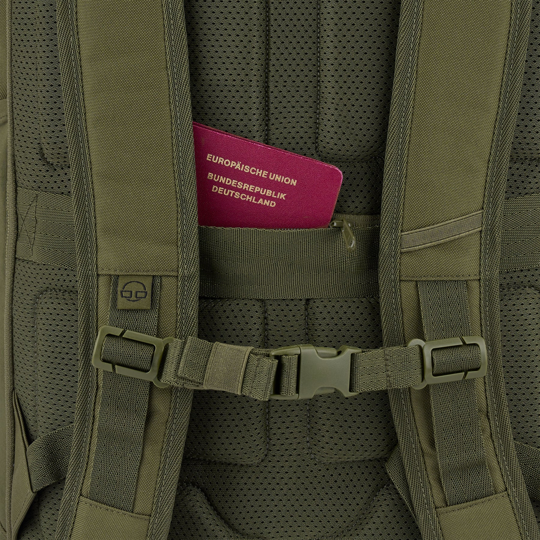 Grüner Rolltop Rucksack Allen XL mit gepolsterten Trägern und einem Reißverschlussfach hinten, darin ein roter Reisepass