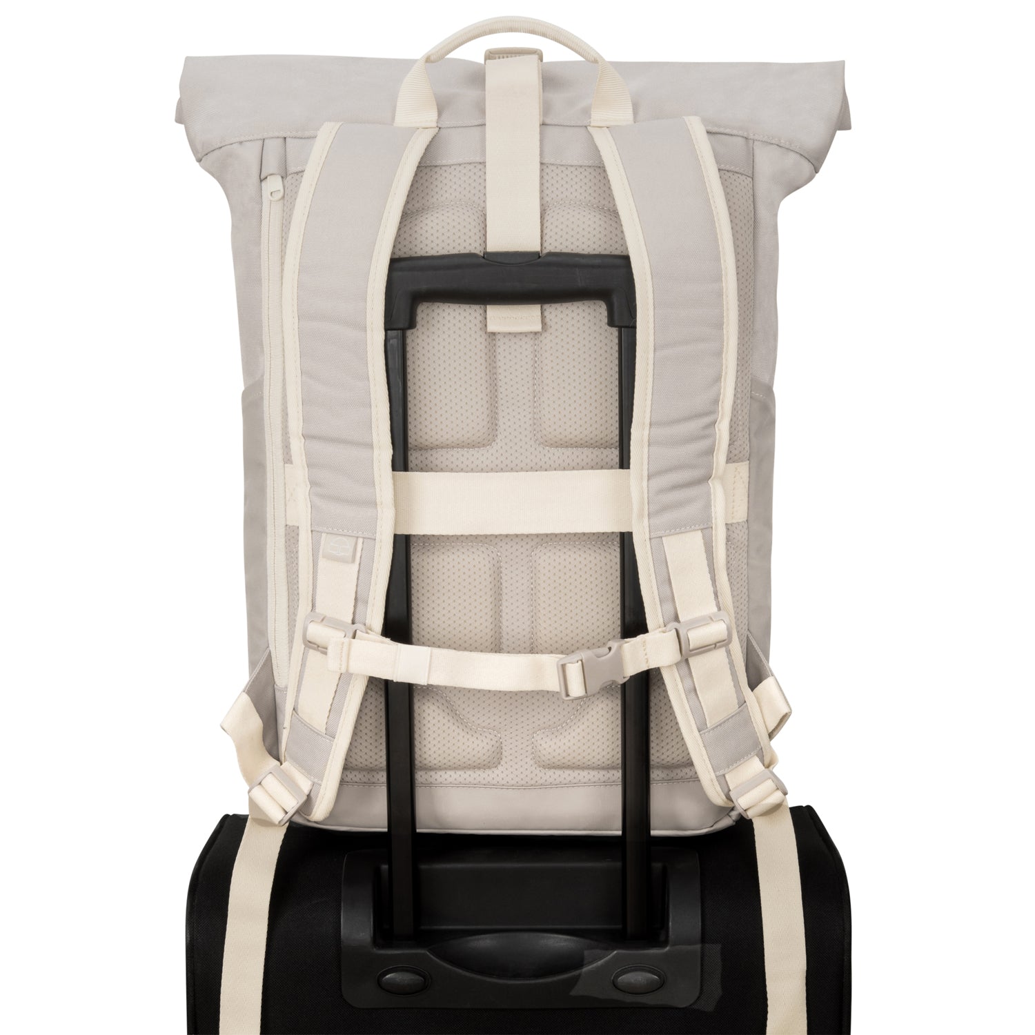 Beiger Johnny Urban Rolltop Rucksack Allen Large mit gepolsterten Trägern auf Trolley-Griff befestigt