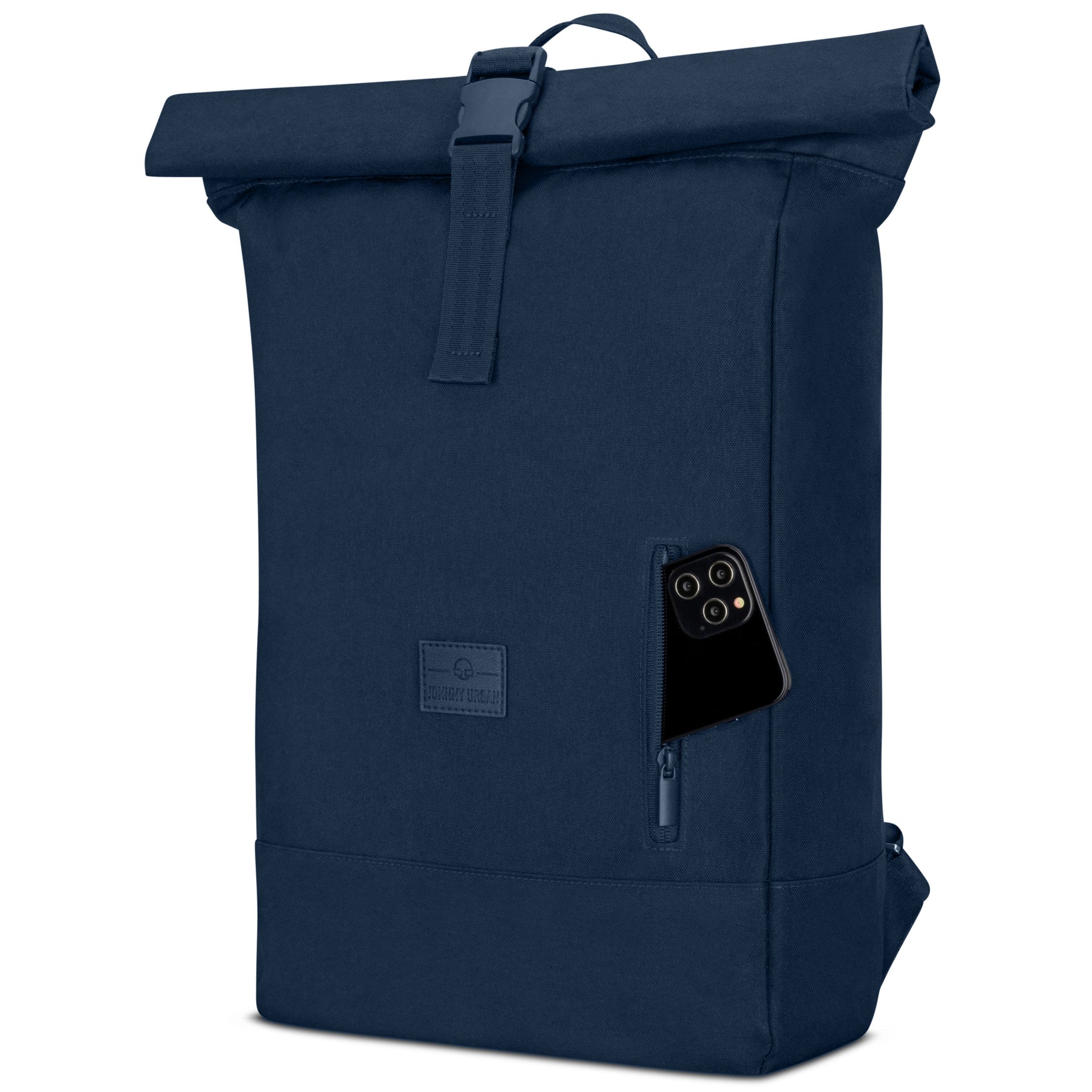 Blauer Rolltop Rucksack 'Robin Large' von Johnny Urban mit seitlicher Reißverschlusstasche und Smartphone