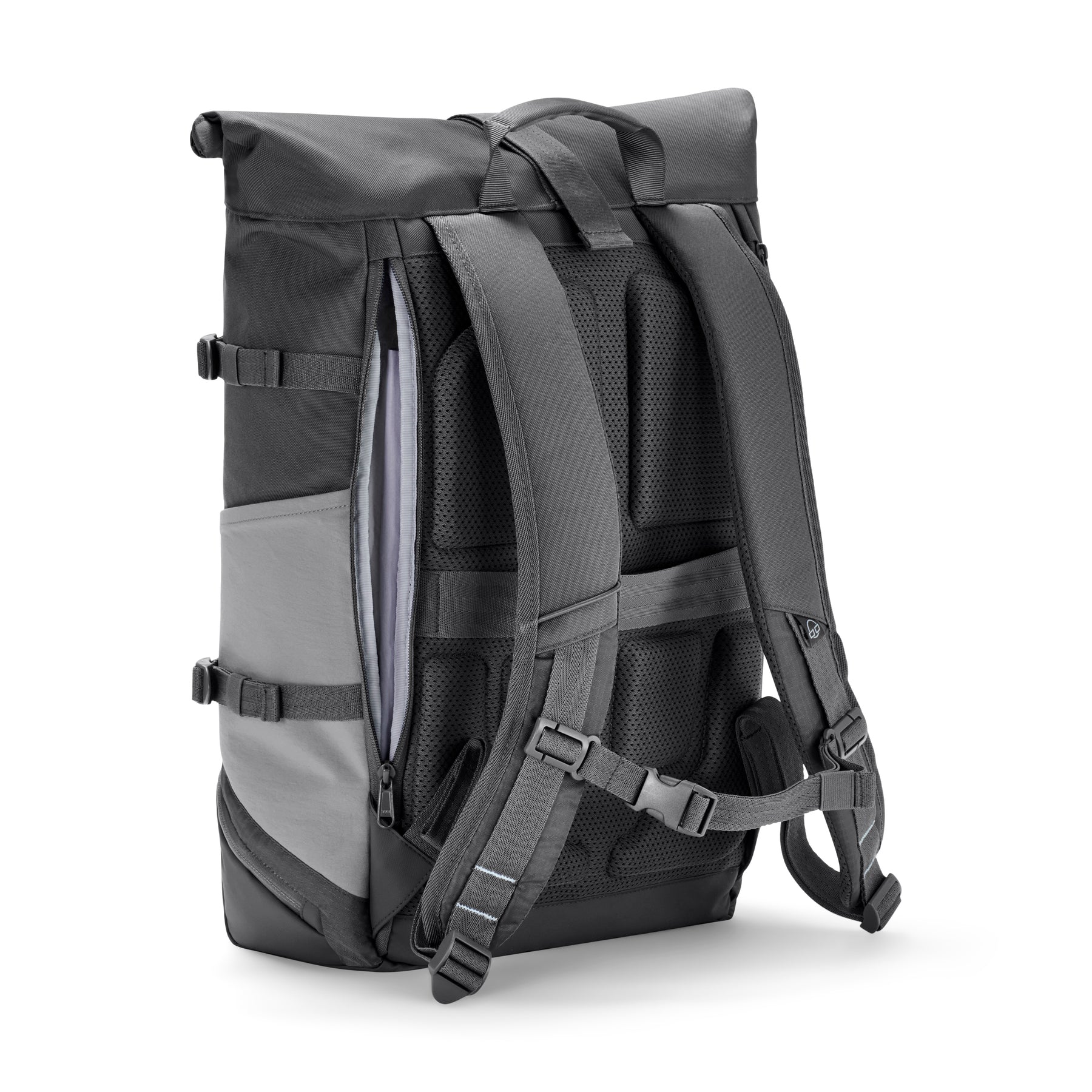 Rolltop Rucksack Allen Large Move in Grau, Rückseite mit gepolsterten Trägern und Schnellzugriffstasche