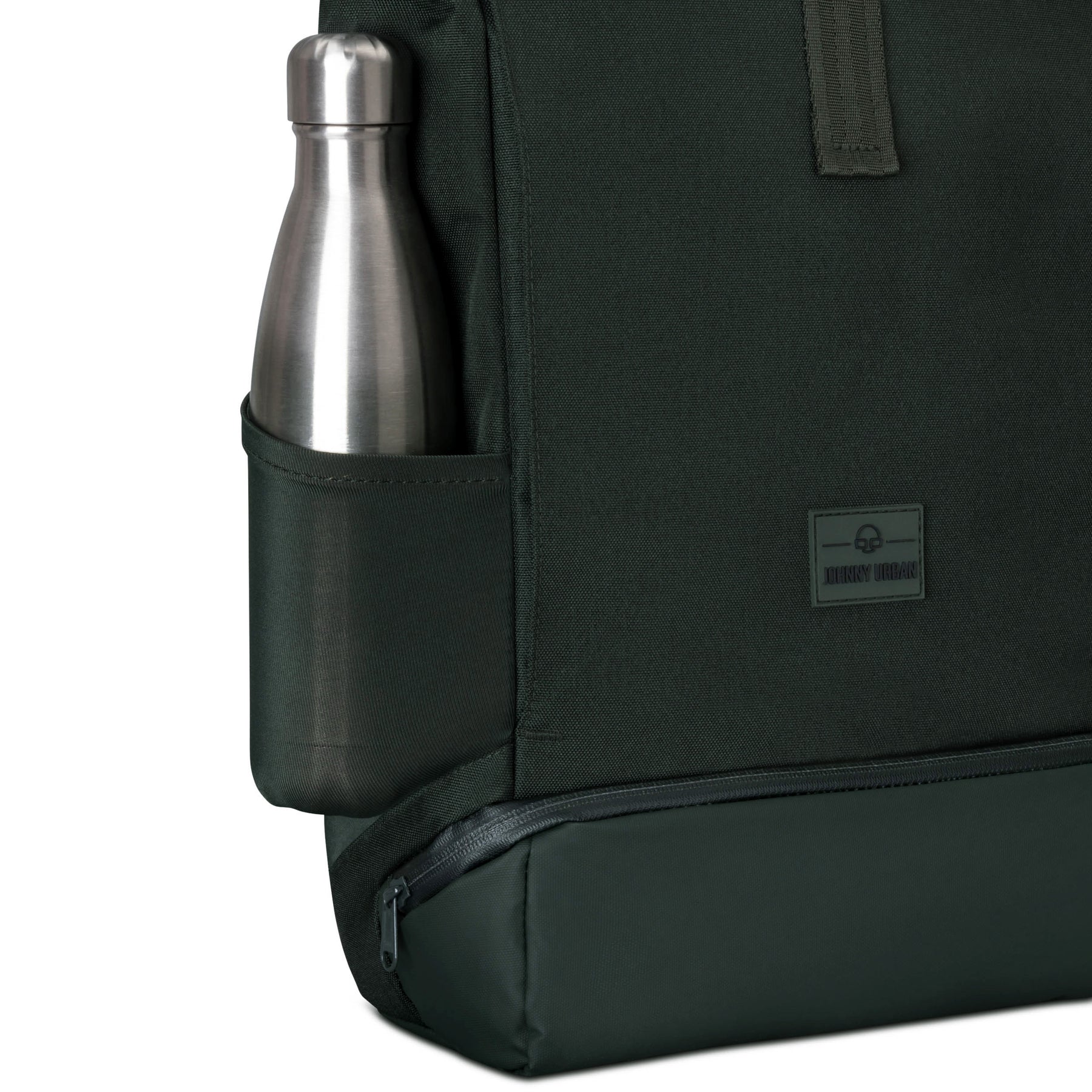 Grüner Johnny Urban Rolltop Rucksack Allen Medium mit seitlicher Tasche und silberner Trinkflasche