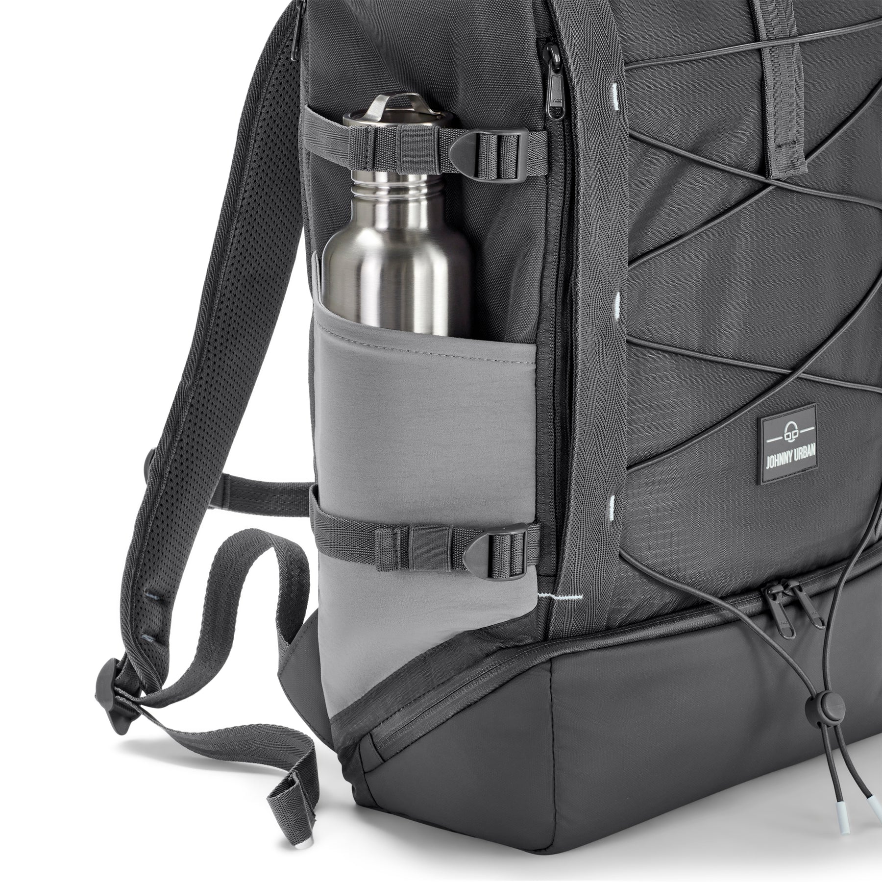 Rolltop Rucksack Allen Large Move in Grau mit seitlicher Tasche und Metallflasche