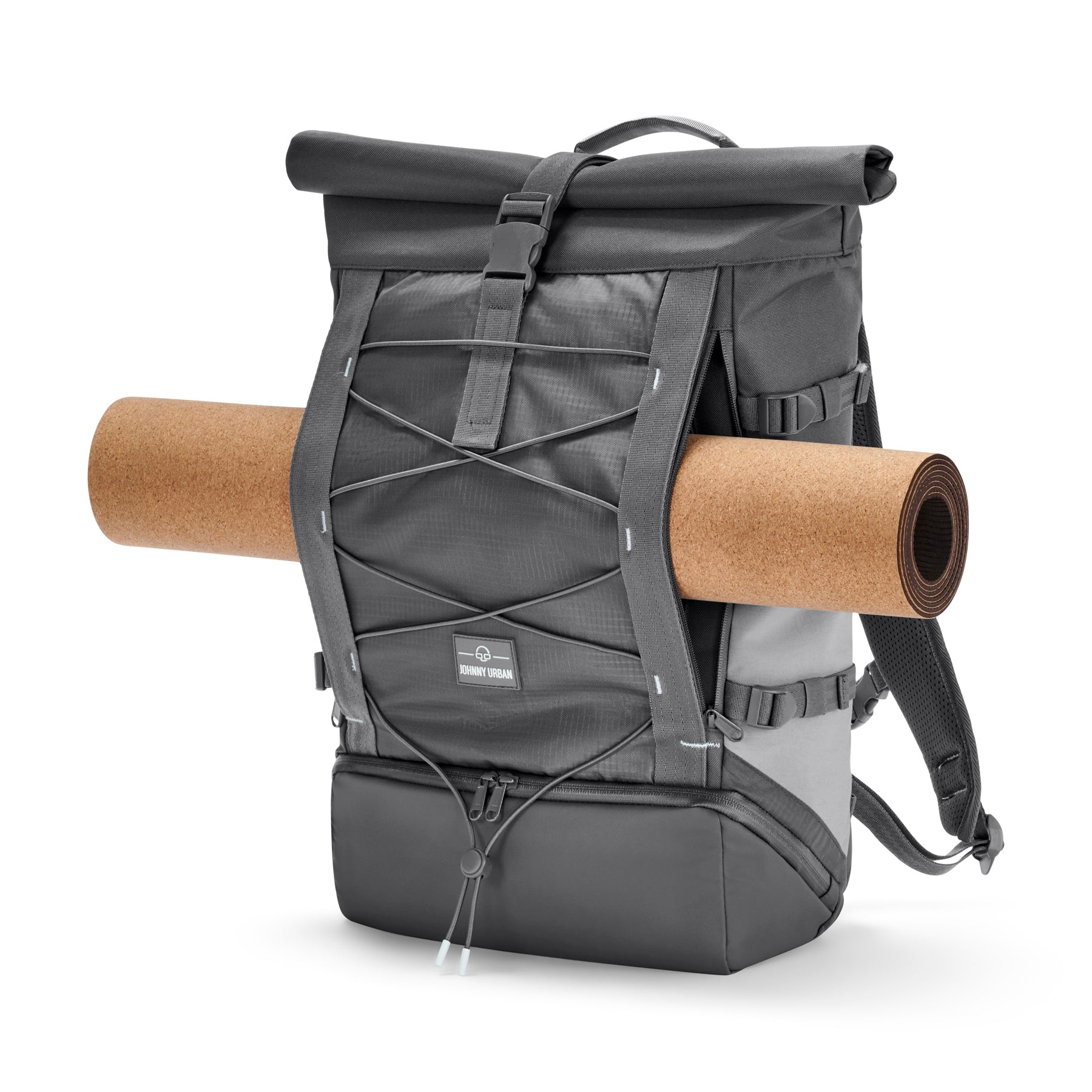 Rolltop Rucksack Allen Large Move in dunkelgrau mit Yoga-Matte außen befestigt