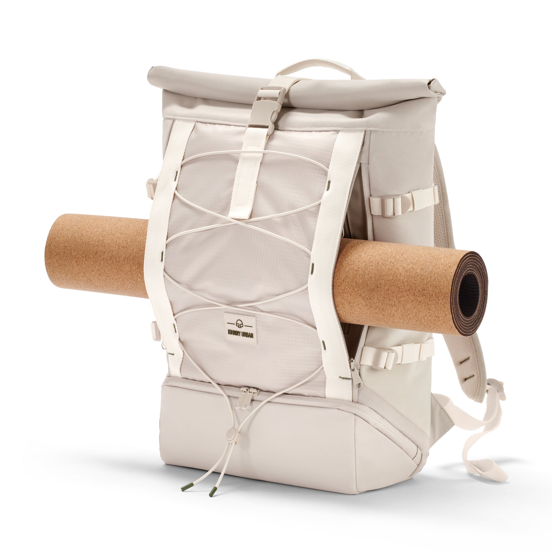 Sandfarbener Rolltop-Rucksack 'Allen Large Move' mit Yogamatte an der Vorderseite
