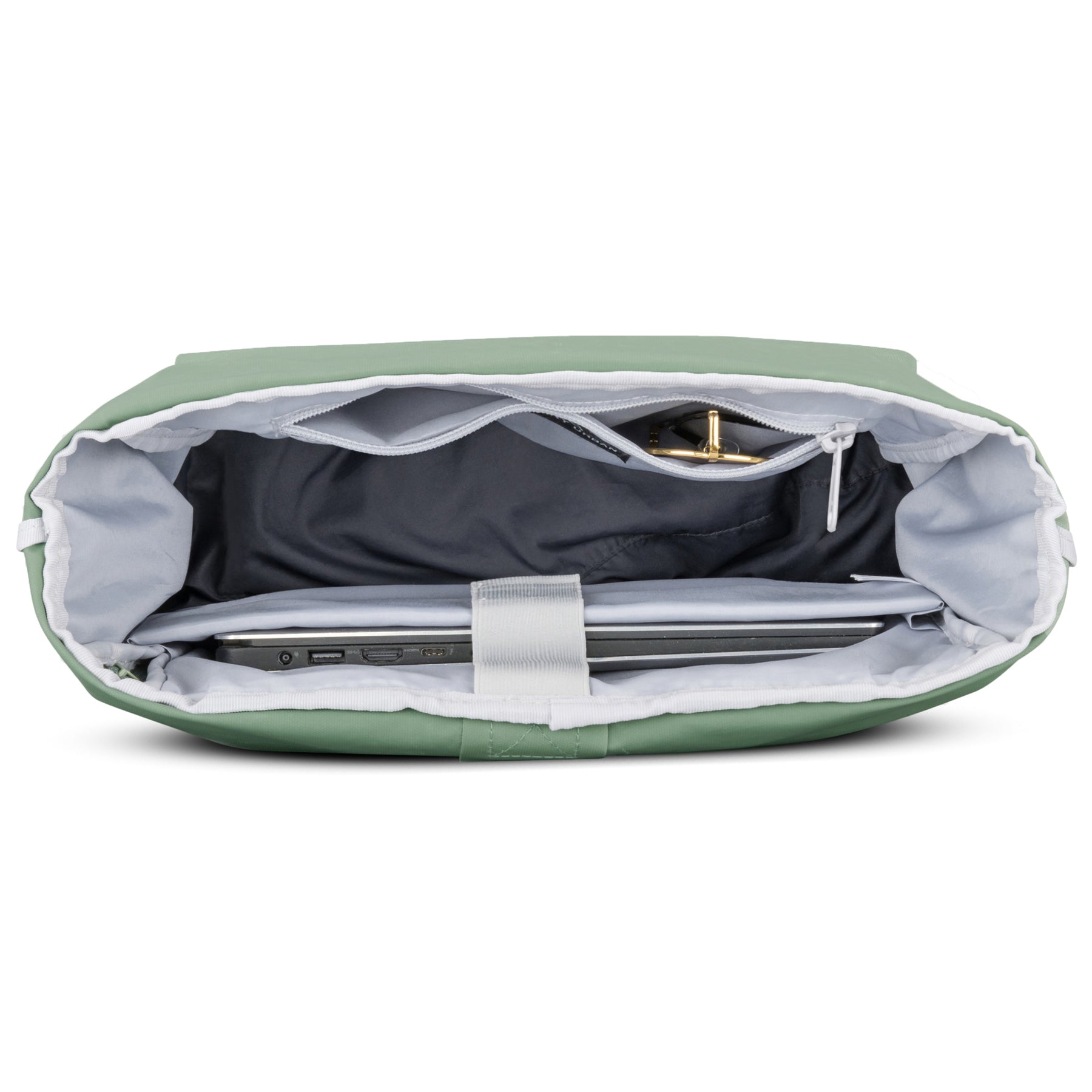 Innenansicht Rolltop Rucksack 'Allen Medium' mit grünem Außenmaterial, Laptopfach und Reißverschlussinnentasche