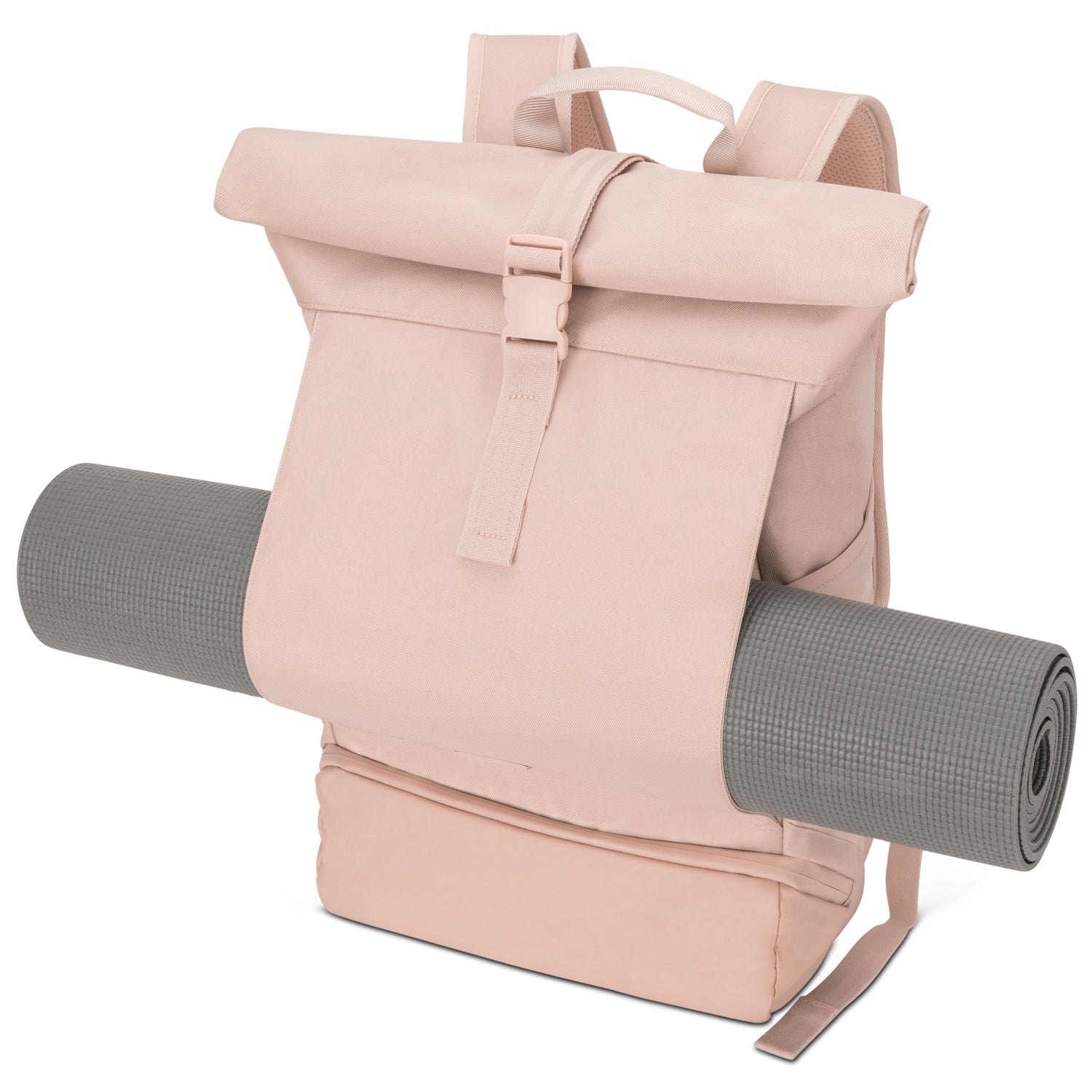 Rolltop Rucksack Allen Large in hellrosa mit grauer Yogamatte, die seitlich befestigt ist