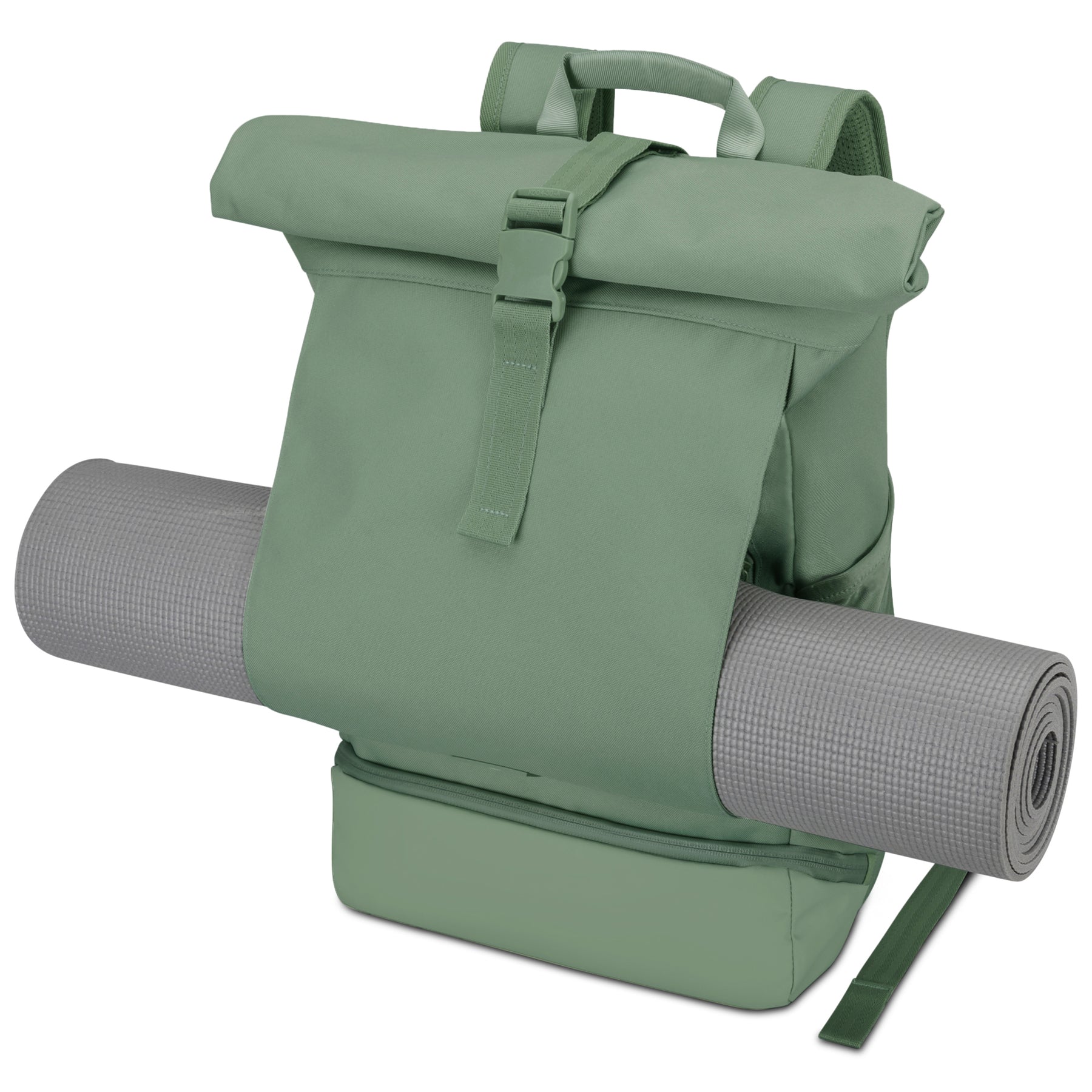 Grüner Rolltop Rucksack 'Allen Large' von Johnny Urban mit festgeschnallter grauer Yogamatte