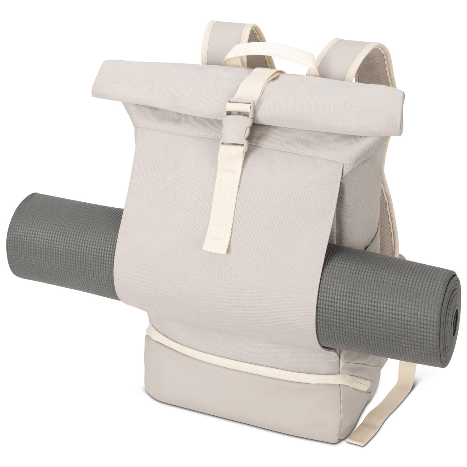 Rolltop Rucksack Allen Large in Beige mit einer grauen Yogamatte am Band