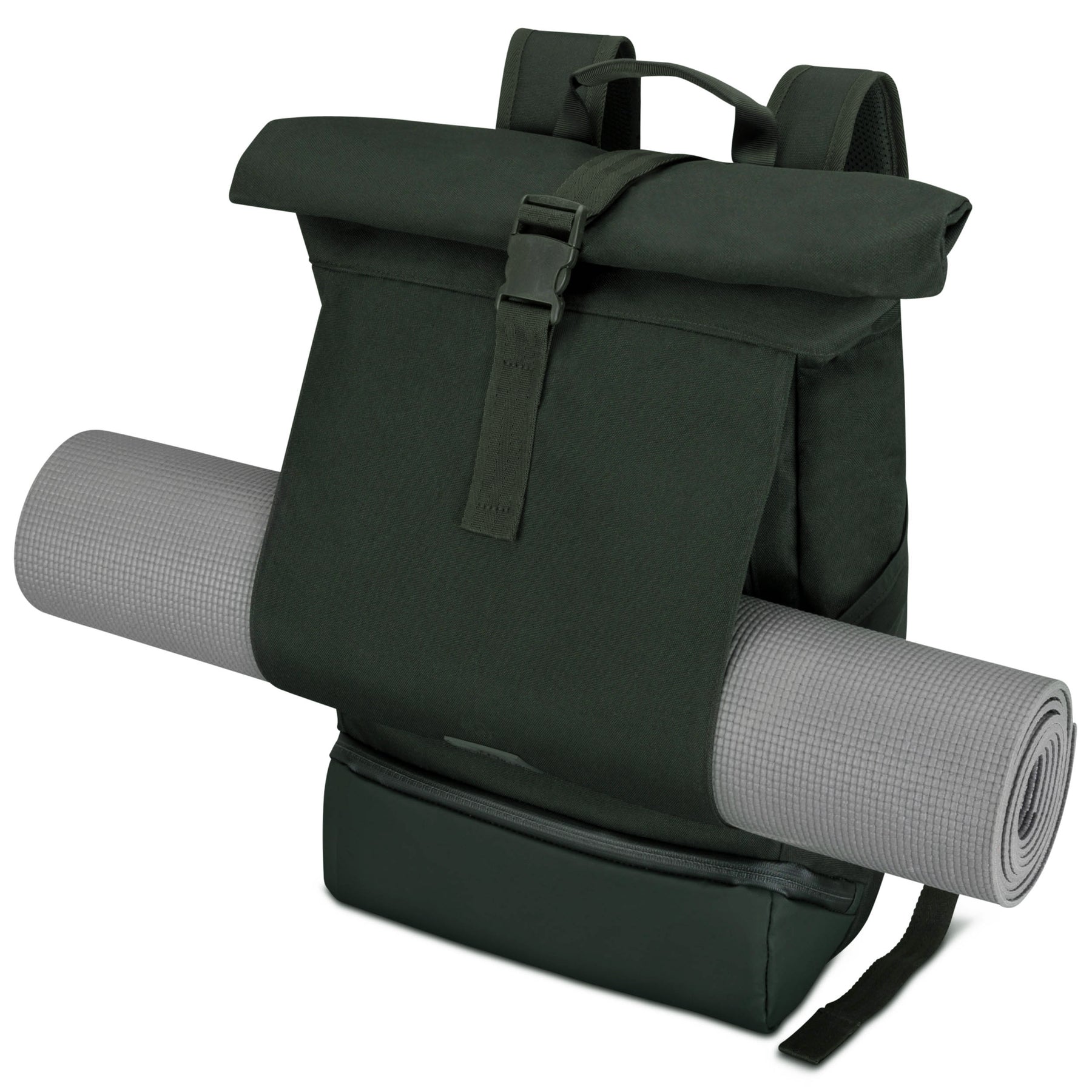 Schwarzer Rolltop Rucksack 'Allen Large' mit seitlicher Halterung für eine graue Yogamatte