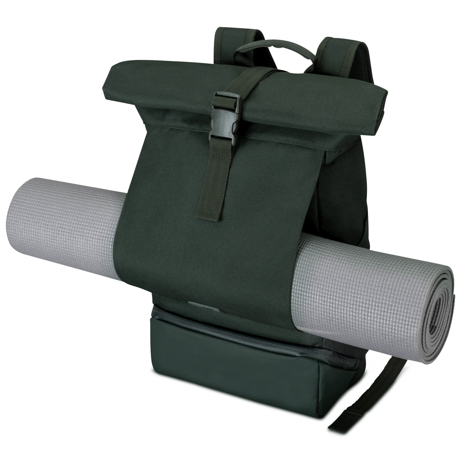 Johnny Urban Rolltop Rucksack Allen Medium in dunklem Grün mit grauer Yogamatte am unteren Frontgurt