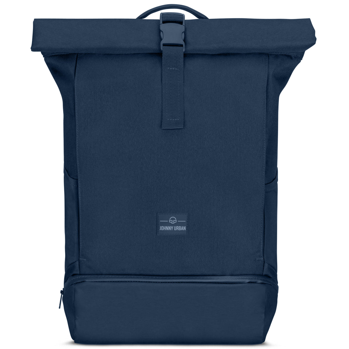 Dunkelblauer Rolltop Rucksack Allen Large von Johnny Urban mit aufgesetztem Verschluss und Reißverschlusstasche am Boden